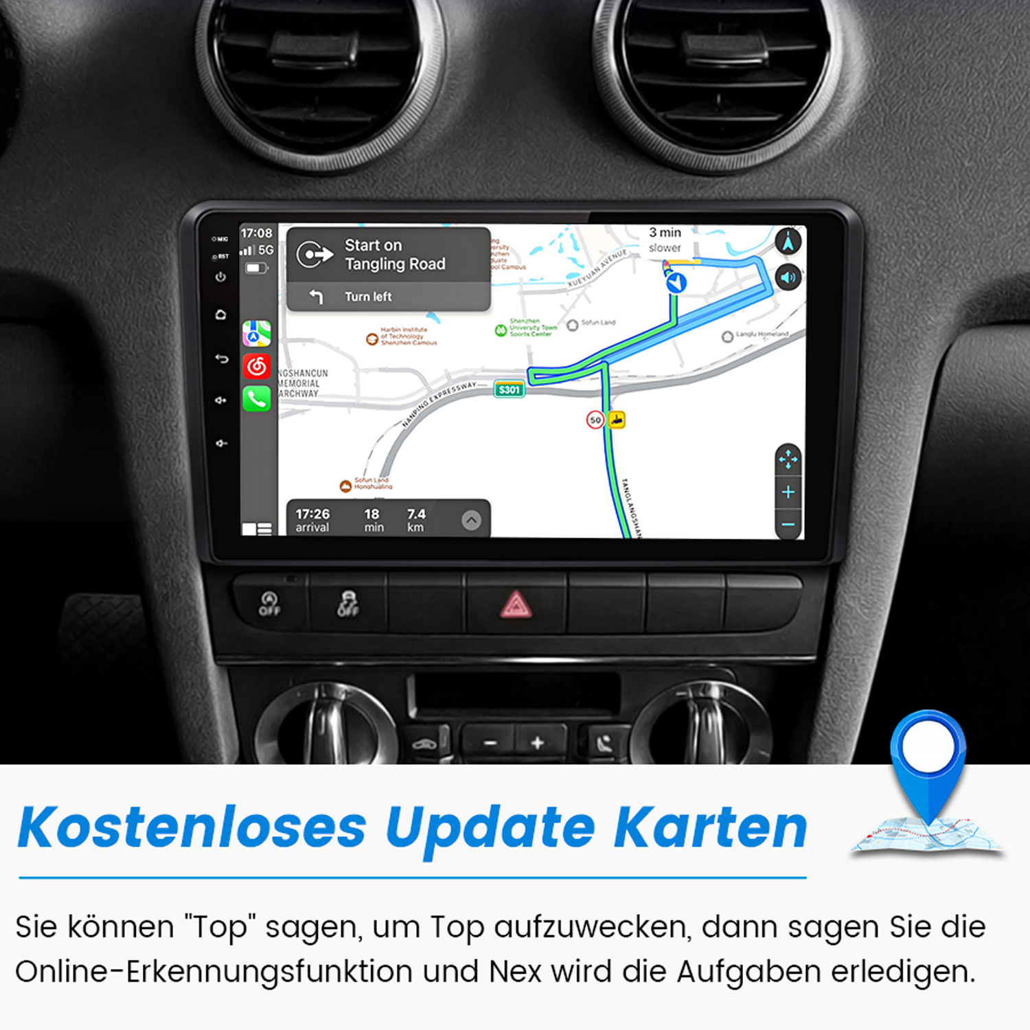 Das Armaturenbrett eines Autos mit einem Navigationsbildschirm, der eine Karte und Wegbeschreibungen zeigt. Text.