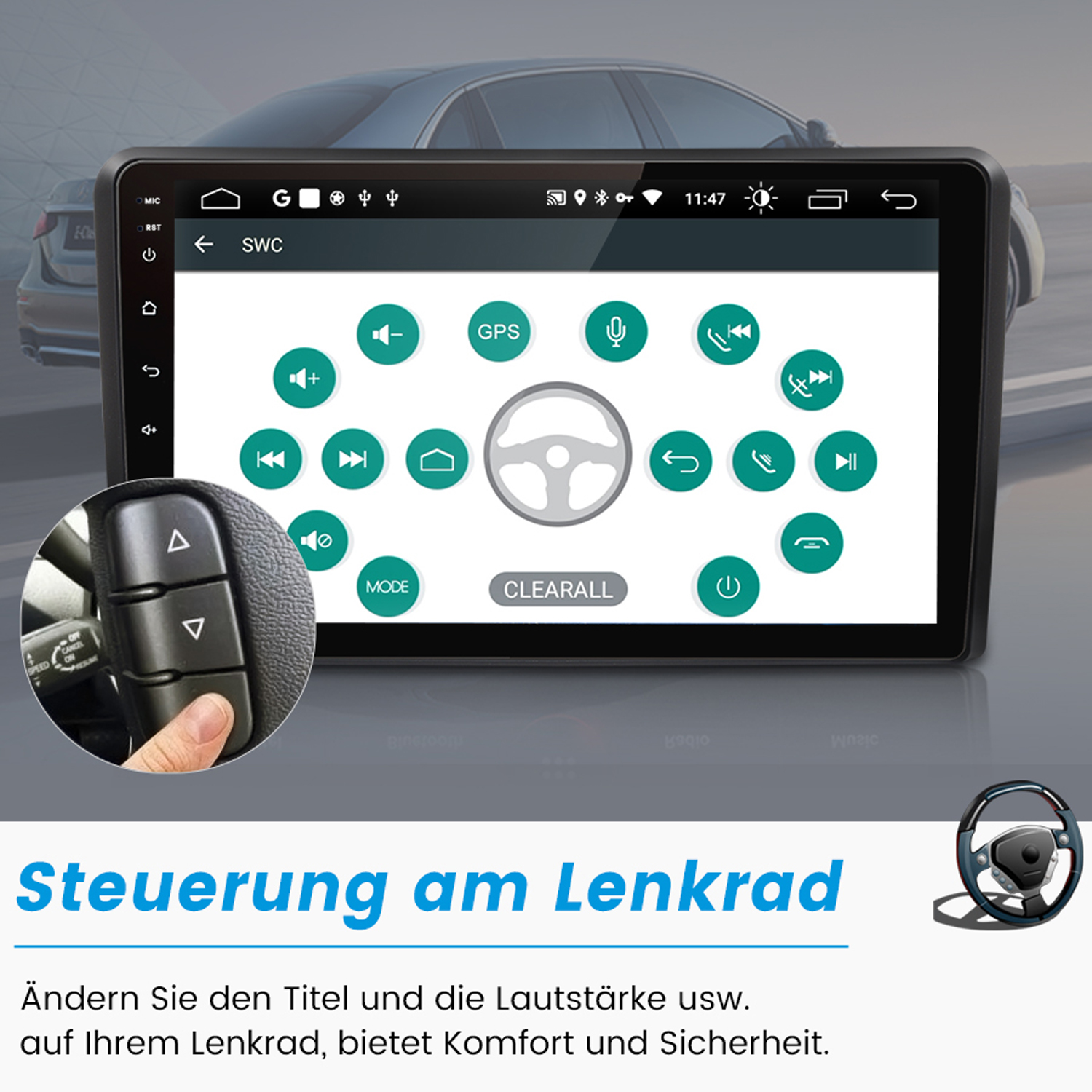 Autoradio-Bildschirm mit Bedienelementen, mit Lenkrad und Hand an der Seite.