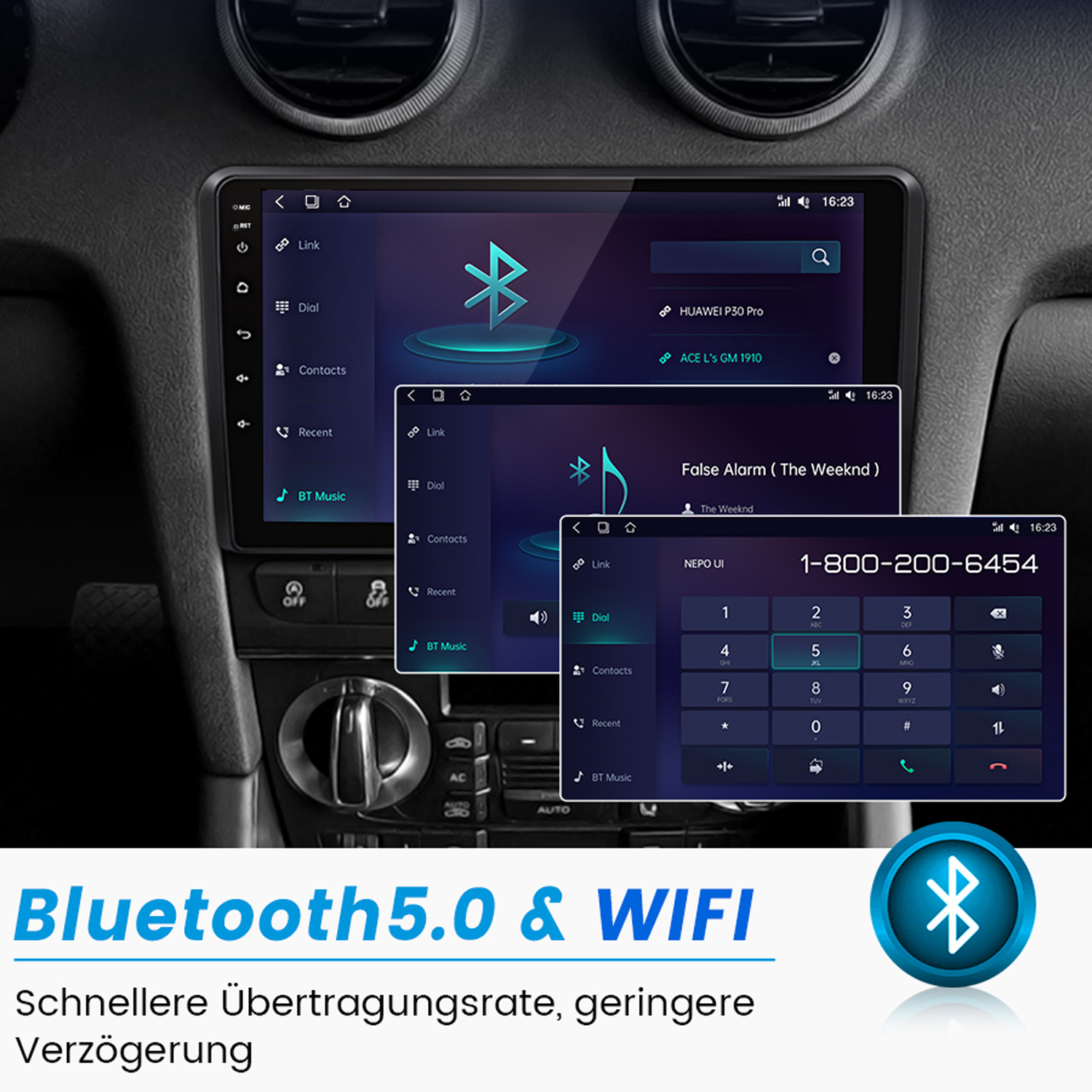 Auto-Infotainment-Bildschirm mit Bluetooth, WiFi und Telefonschnittstelle.