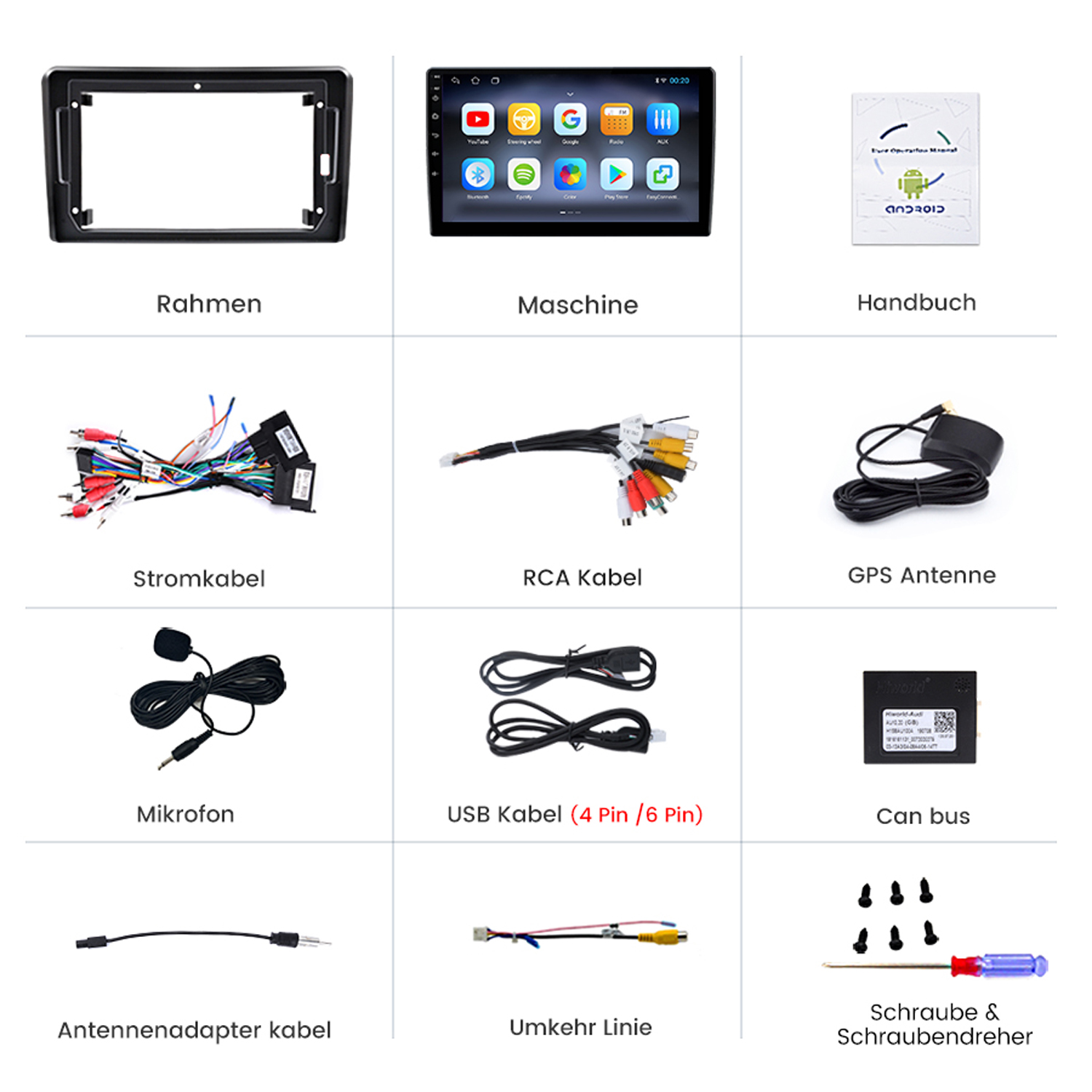 Auto-Stereo-Komponenten auf weißer Oberfläche. Enthält einen Rahmen, Maschine, Kabel und einen Schraubendreher.