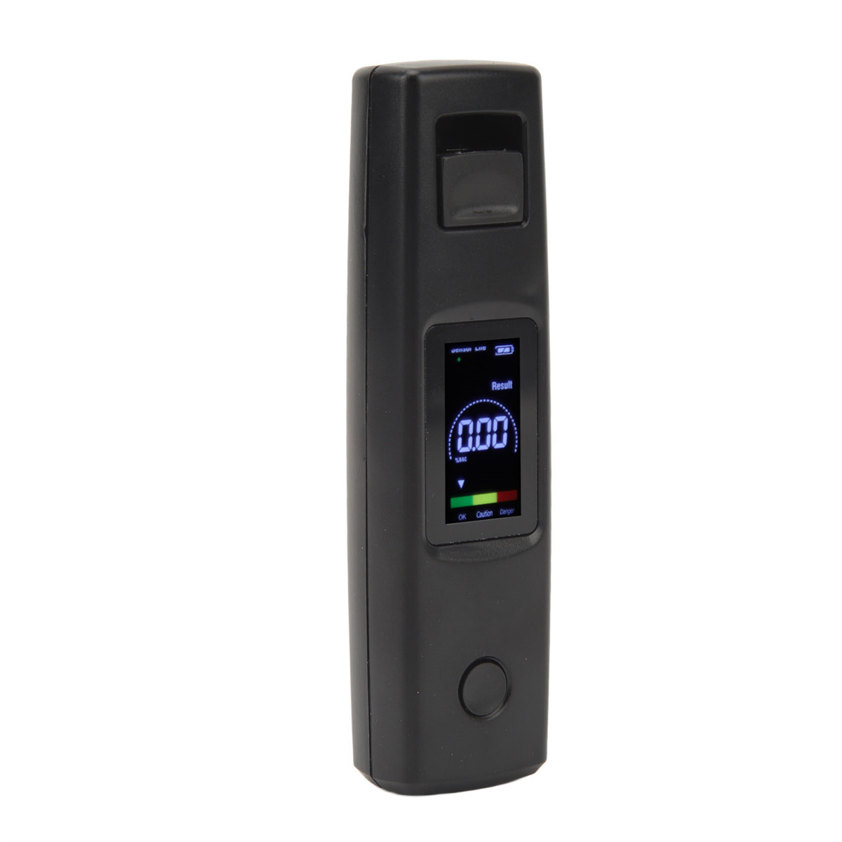Schwarzer Alkoholtester mit Digitalanzeige, die einen Wert von 0,00 anzeigt, OK- und Vorsichtsanzeigen.