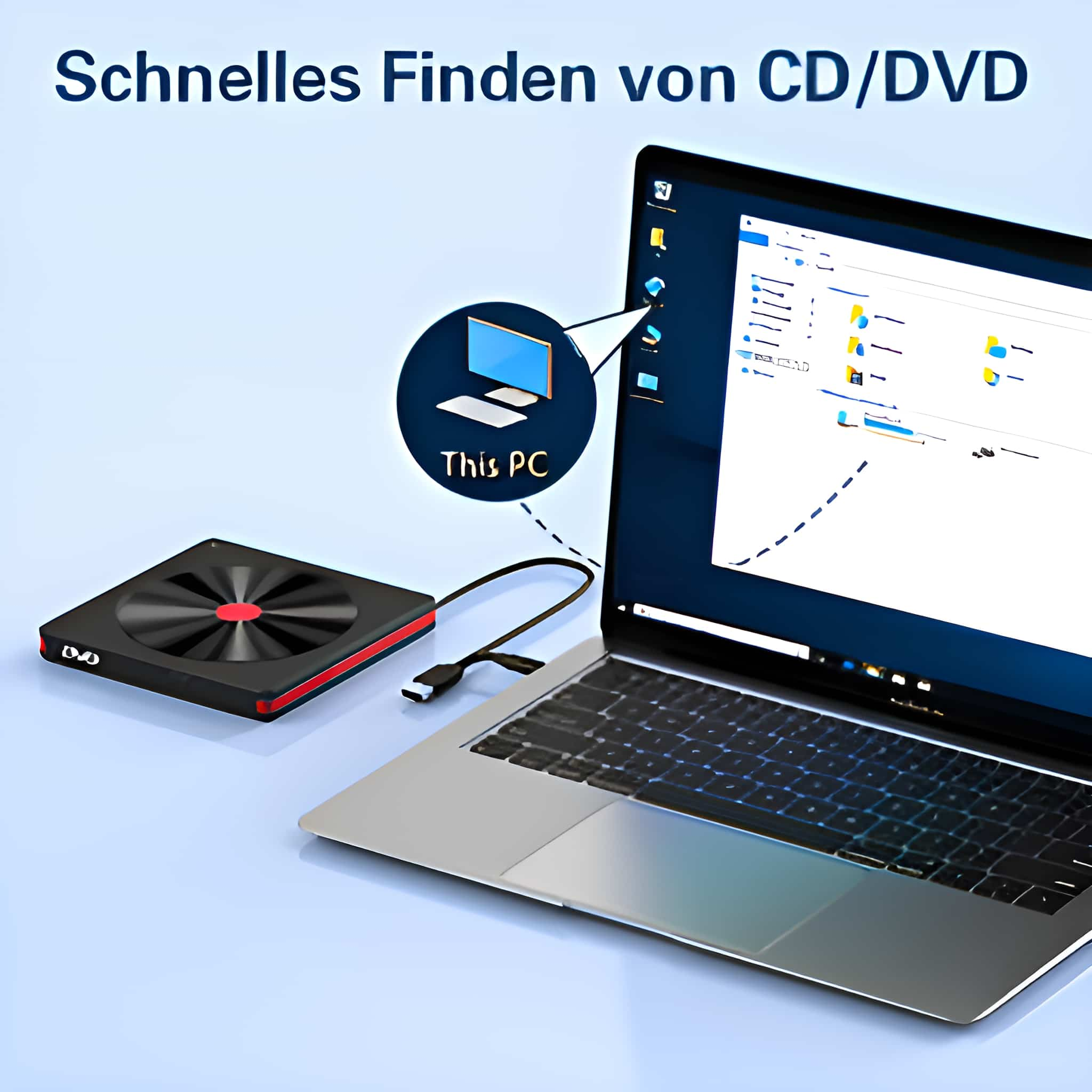 Ein Laptop ist mit einem schwarzen Gerät mit rotem Ring verbunden. Text auf dem Laptop sagt 'This PC'.