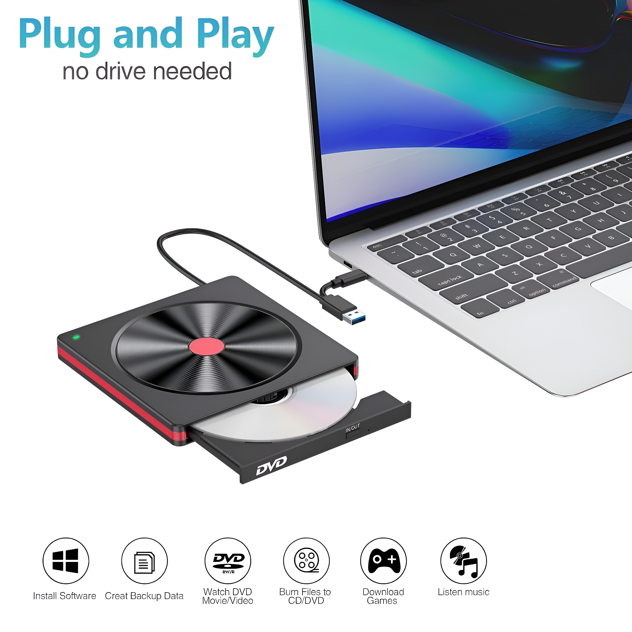 Ein DVD-Player ist mit einem Laptop verbunden. Der Player hat ein offenes Fach mit einer DVD darin. Symbole sind unten.
