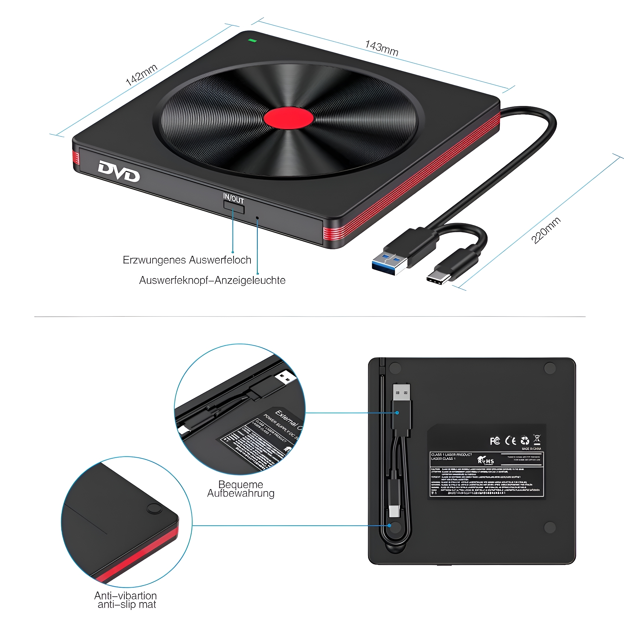 Schwarzer und roter DVD-Brenner mit Maßen und Beschriftungen. Enthält USB-Kabel und Detailansichten.