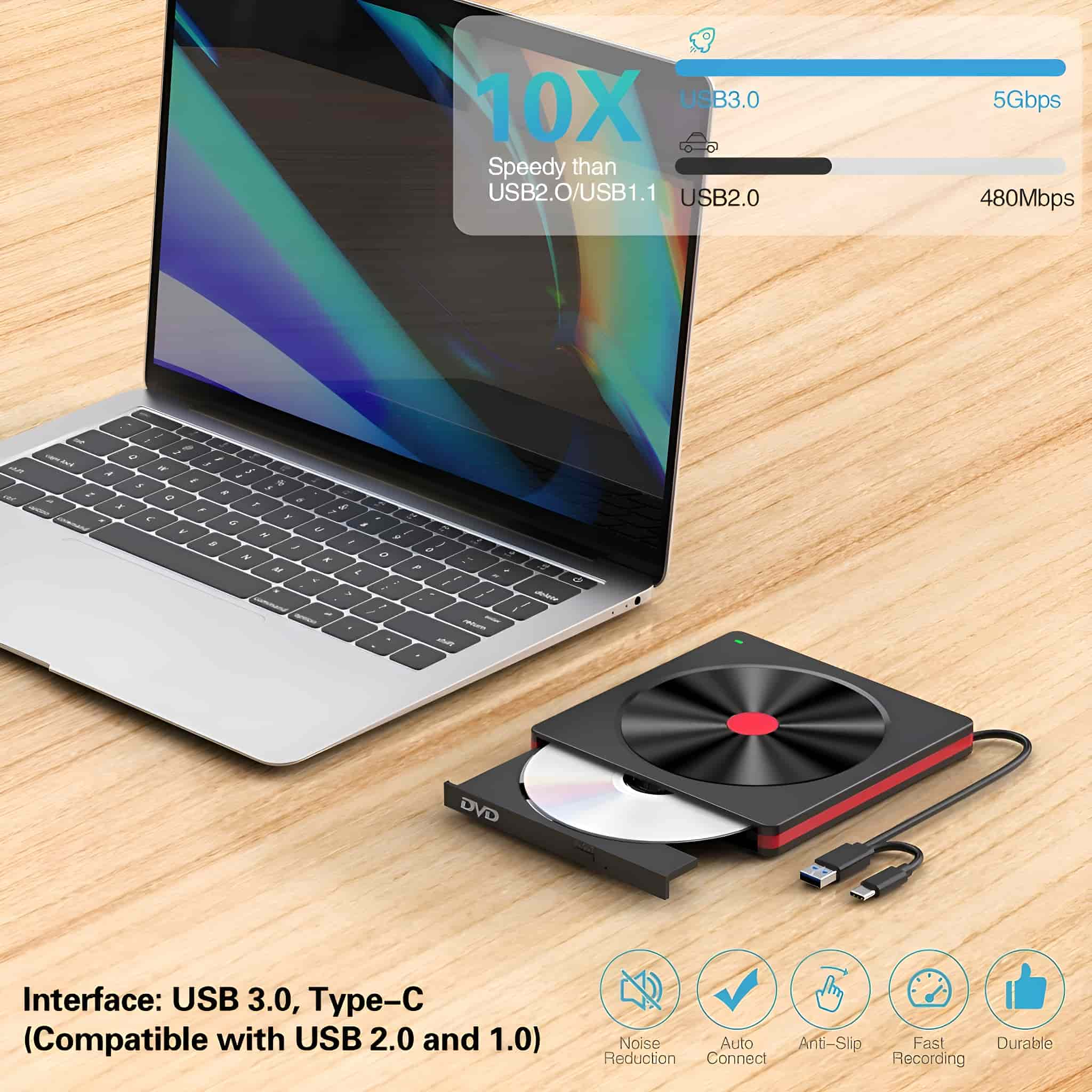 Laptop mit DVD-Laufwerk. Es ist per USB verbunden. Es gibt Symbole für Funktionen.