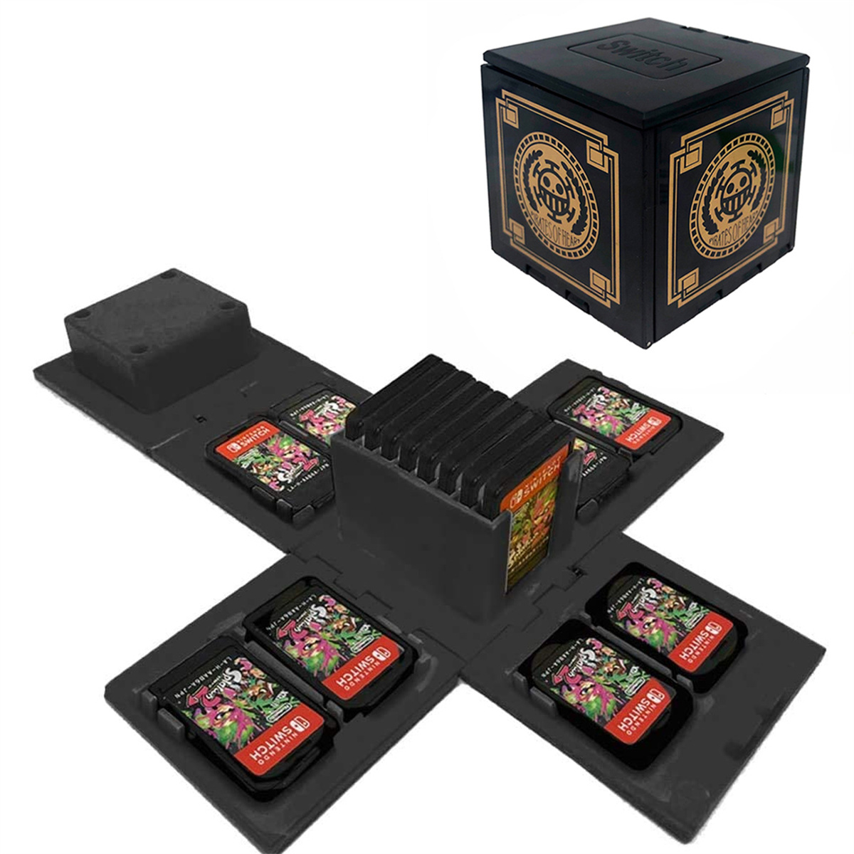 Schwarze Box mit mehreren Spielkassetten darin. Geöffnete und geschlossene Ansichten werden gezeigt.