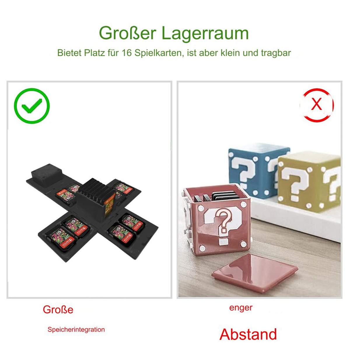 Zwei Bilder. Links Spielmodule in einer Aufbewahrungshülle. Rechts Spielmodule in Würfeln.