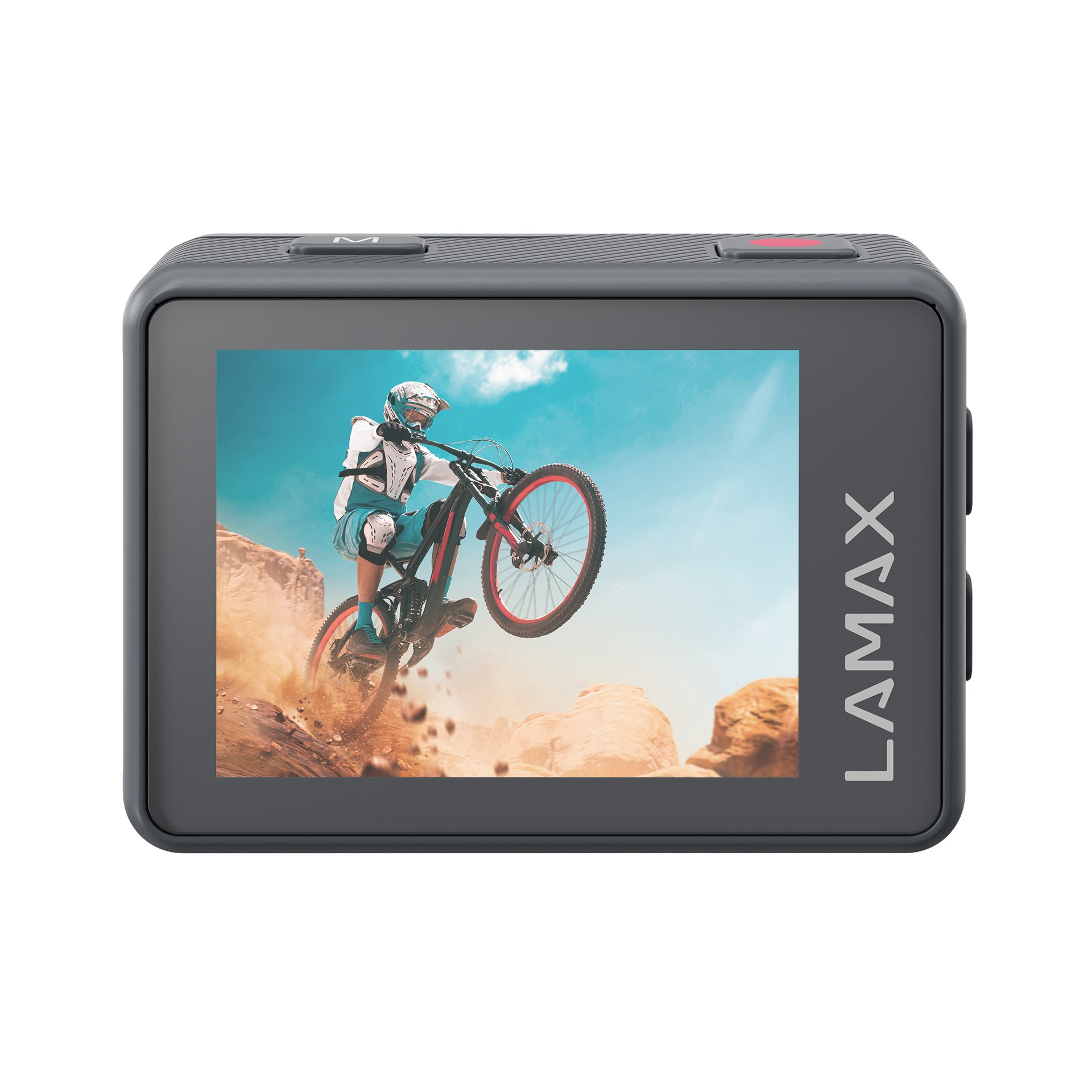 Schwarze Actionkamera, die einen Mountainbiker in der Luft zeigt. Berglandschaft.