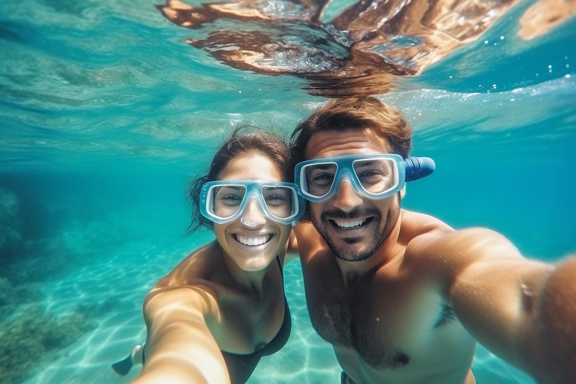 Ein Paar mit Schnorchelmasken, das unter Wasser lächelt und ein Selfie macht.