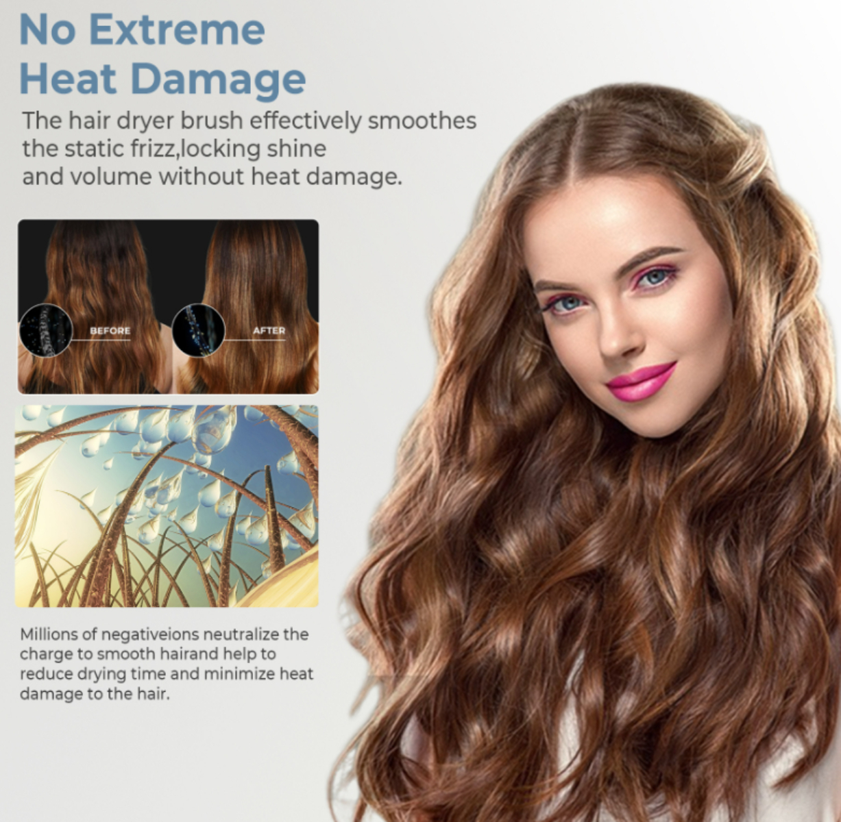 Frau mit langen, welligen, braunen Haaren, Marketingbild für einen Haartrockner.