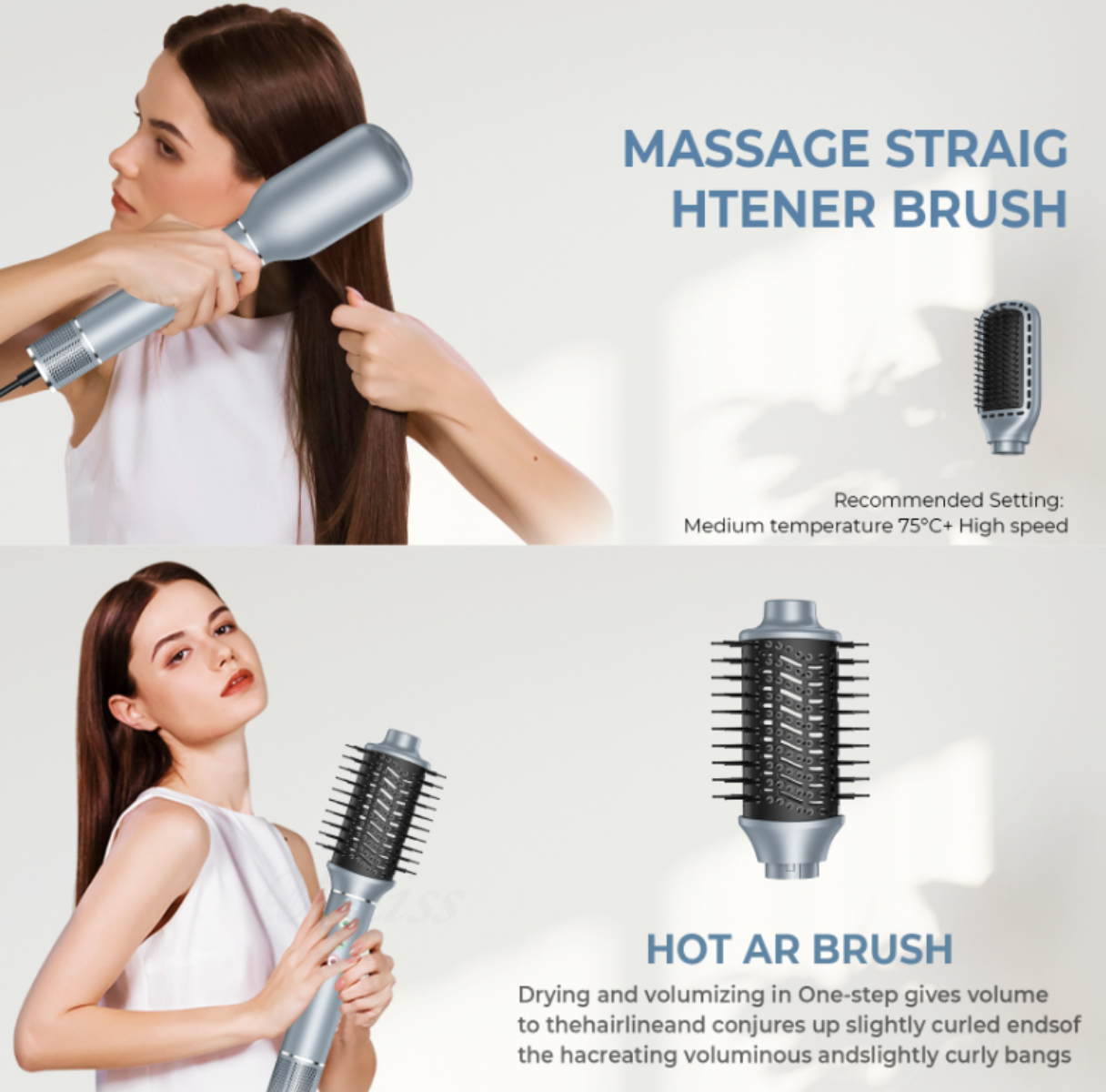 Zwei Frauen demonstrieren Haarstyling mit verschiedenen Bürsten. Eine glättet, die andere lockt.