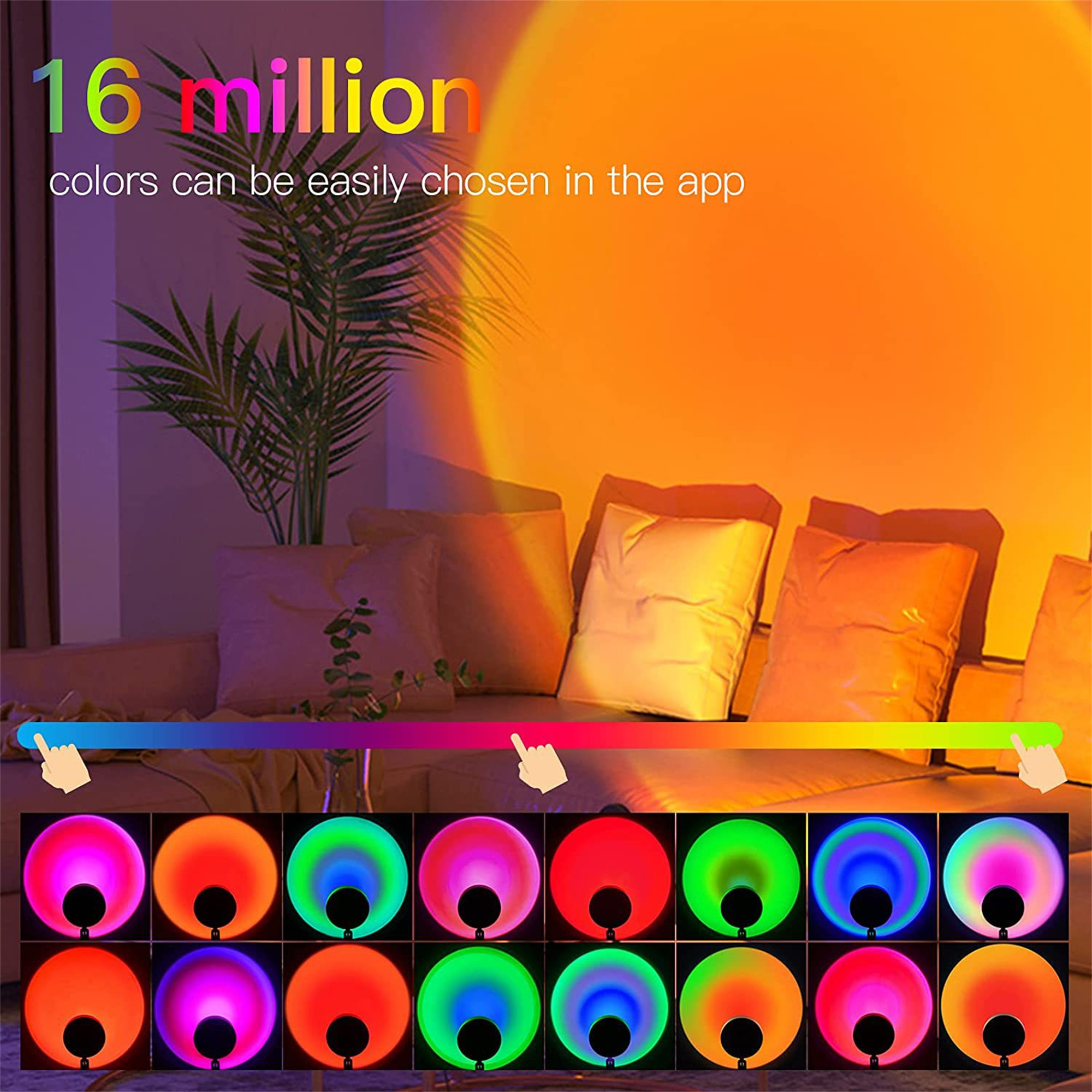 Sonnenuntergangslampe, die verschiedene Farben ausstrahlt, mit einem bunten Farbverlauf darunter zur Auswahl.