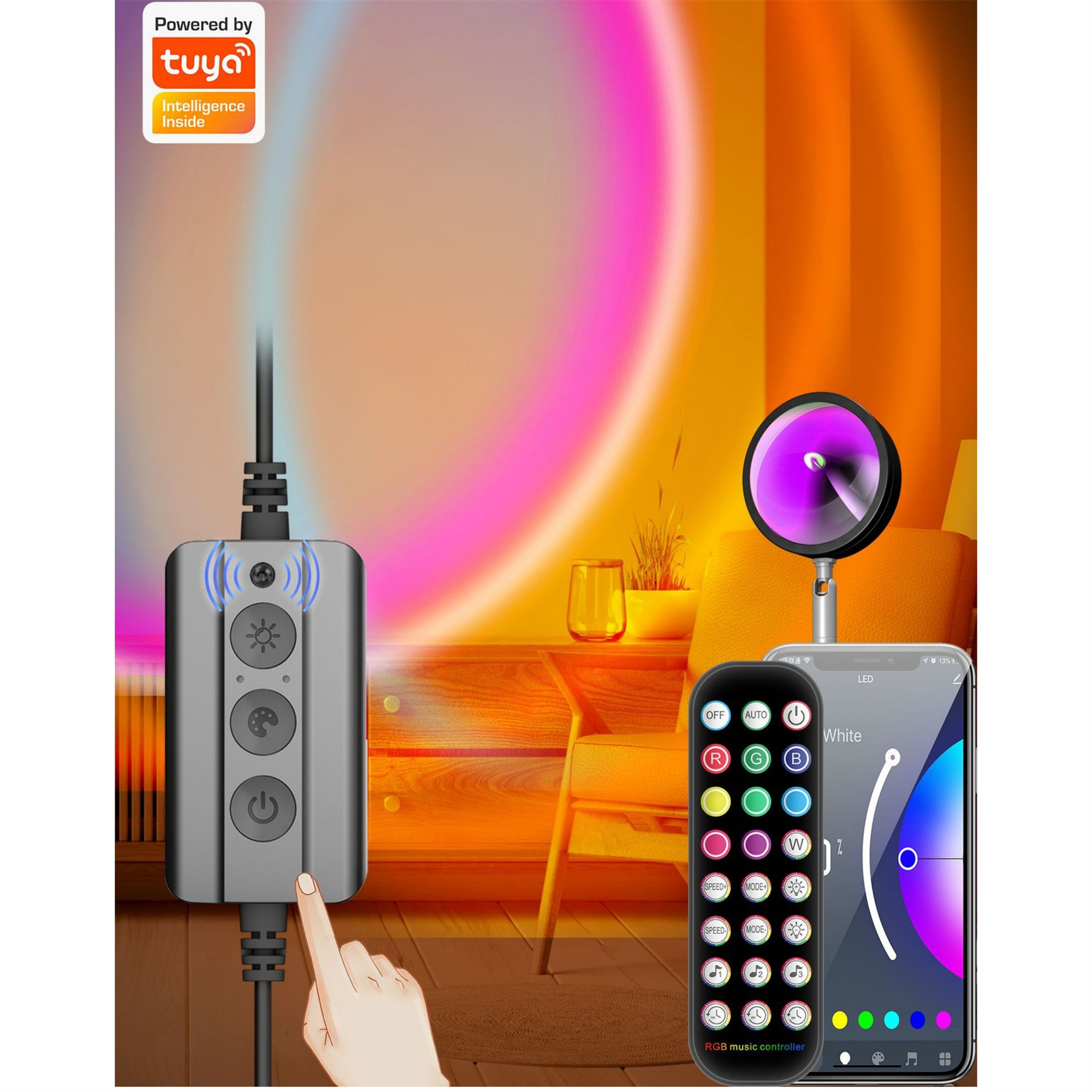 Sonnenuntergangslampe-Setup: Lampe, Fernbedienung, Smartphone, alles in einem Raum mit warmem, farbenfrohem Schein.