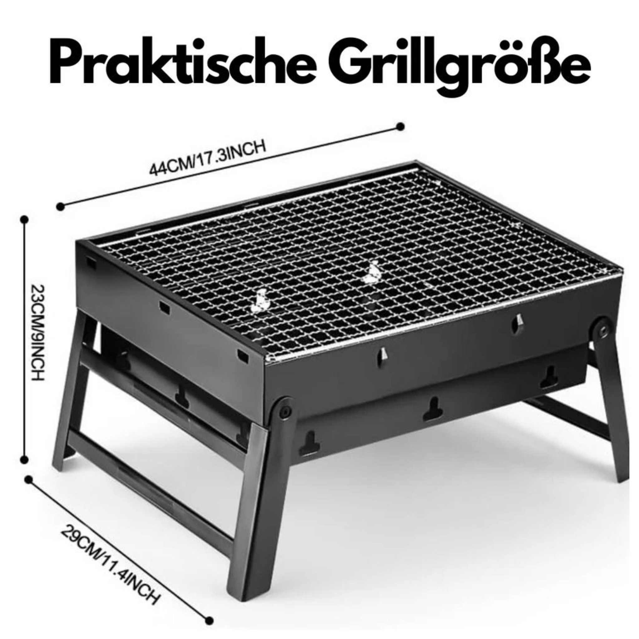 Ein schwarzer tragbarer Grill mit Abmessungen. Hat eine Grillfläche und klappbare Beine. Maße angegeben.