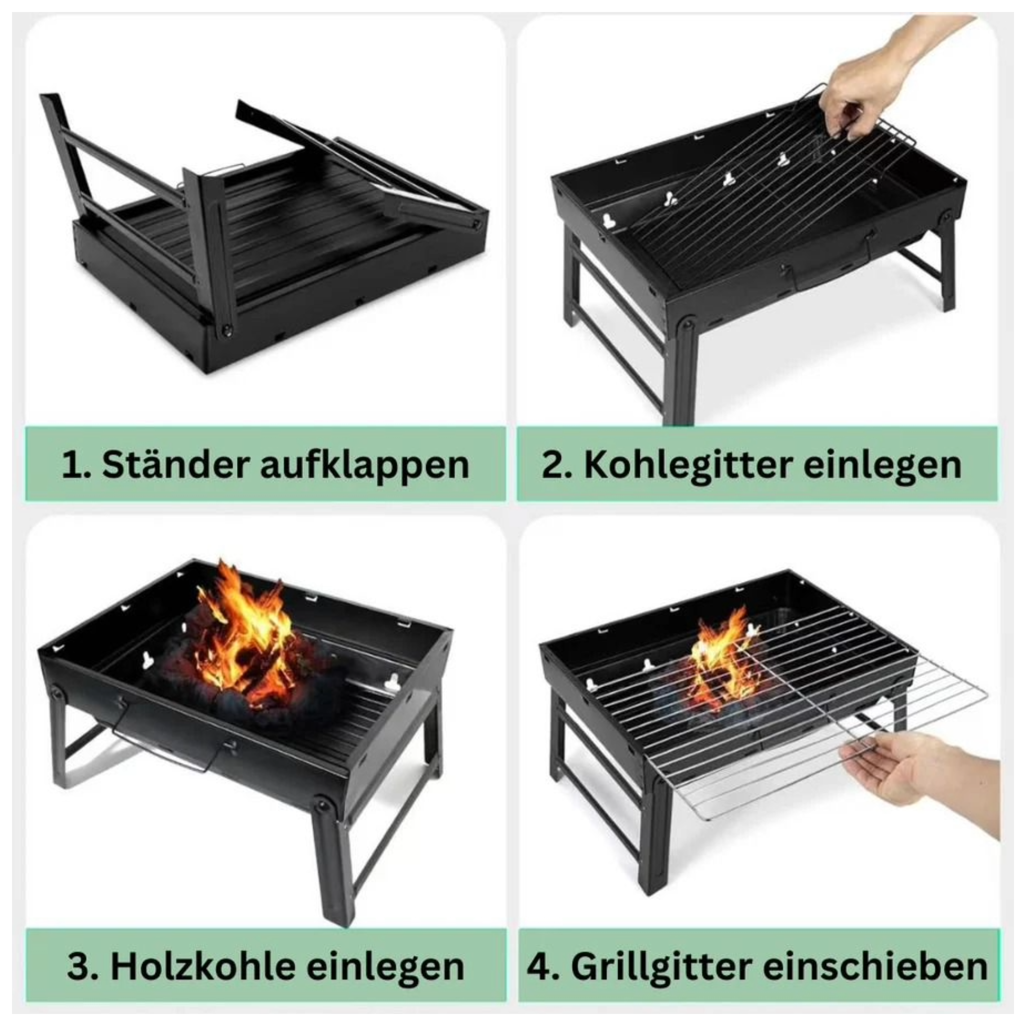 Vier Bilder, die die Schritte zum Zusammenbau eines schwarzen Holzkohlegrills zeigen.