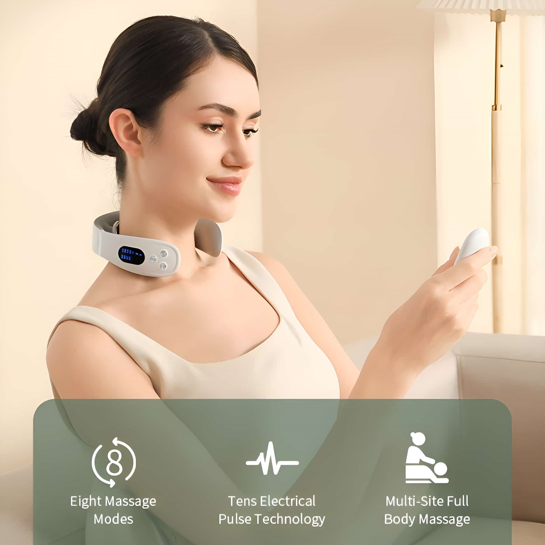 Eine Frau benutzt ein Nackenmassagegerät, mit Symbolen für Massagemodi, elektrische Impulse und Ganzkörpermassage.