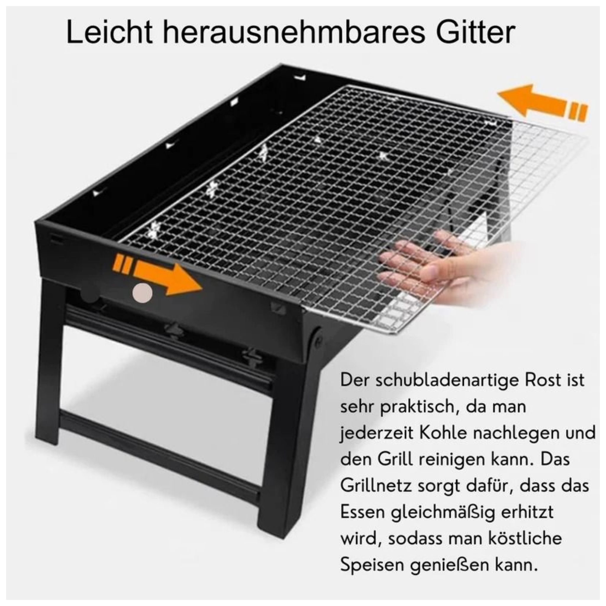 Ein schwarzer Grill mit herausnehmbarem Rost auf weißem Hintergrund.