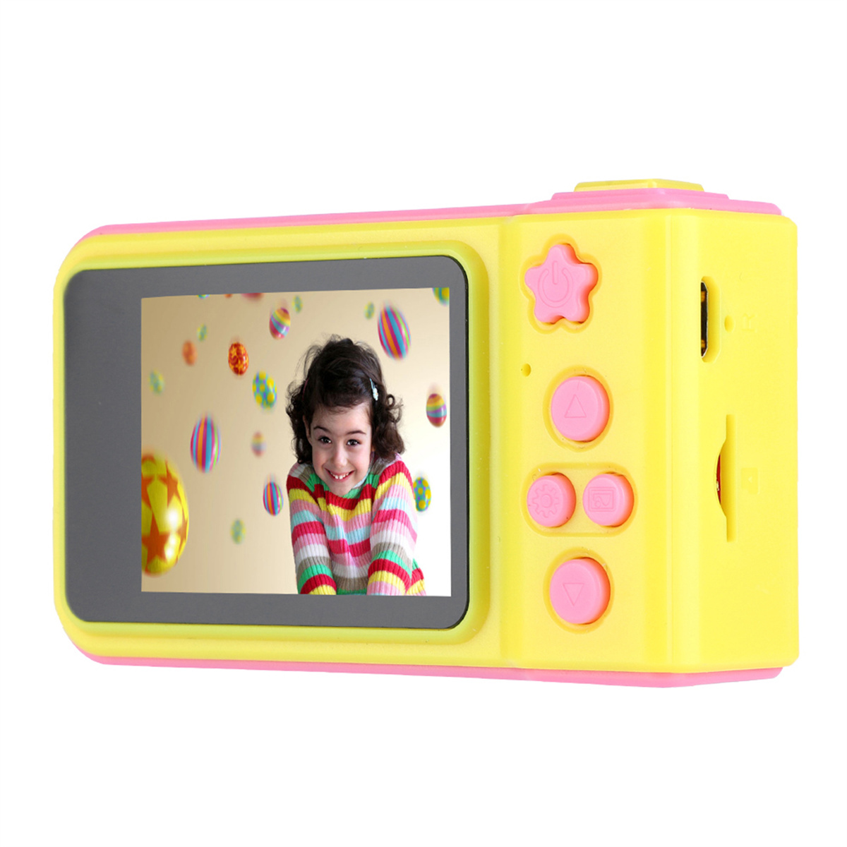 Gelb-rosa Digitalkamera, zeigt Kinderfoto mit bunten Bällen im Hintergrund.