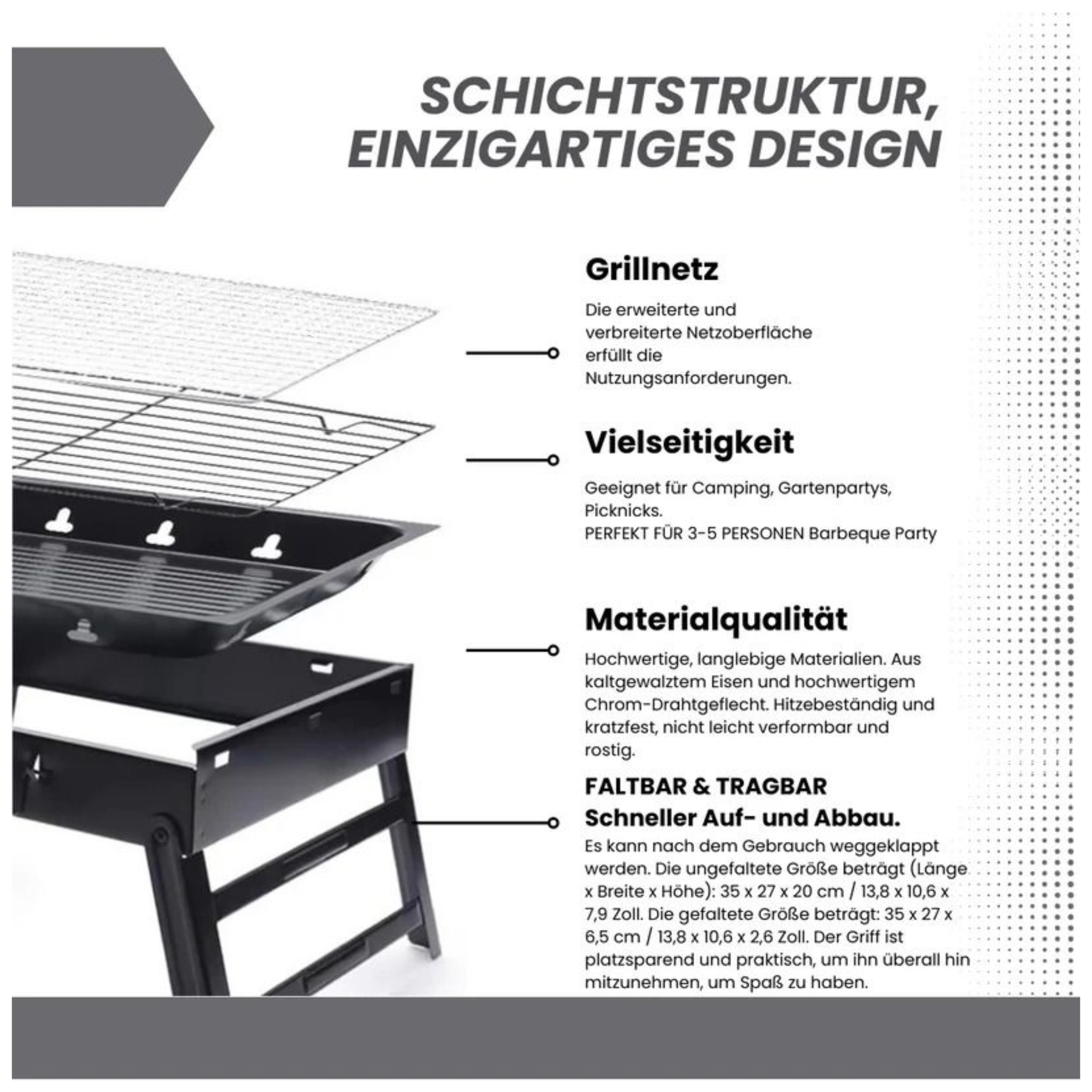 Diagramm mit Grillnetz, Grill, Faltbarkeit und Materialqualitätsdetails. Text auf Deutsch.