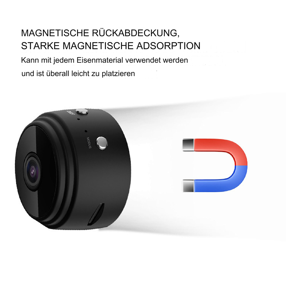Schwarze kreisförmige Kamera mit Magnet auf weißem Hintergrund.