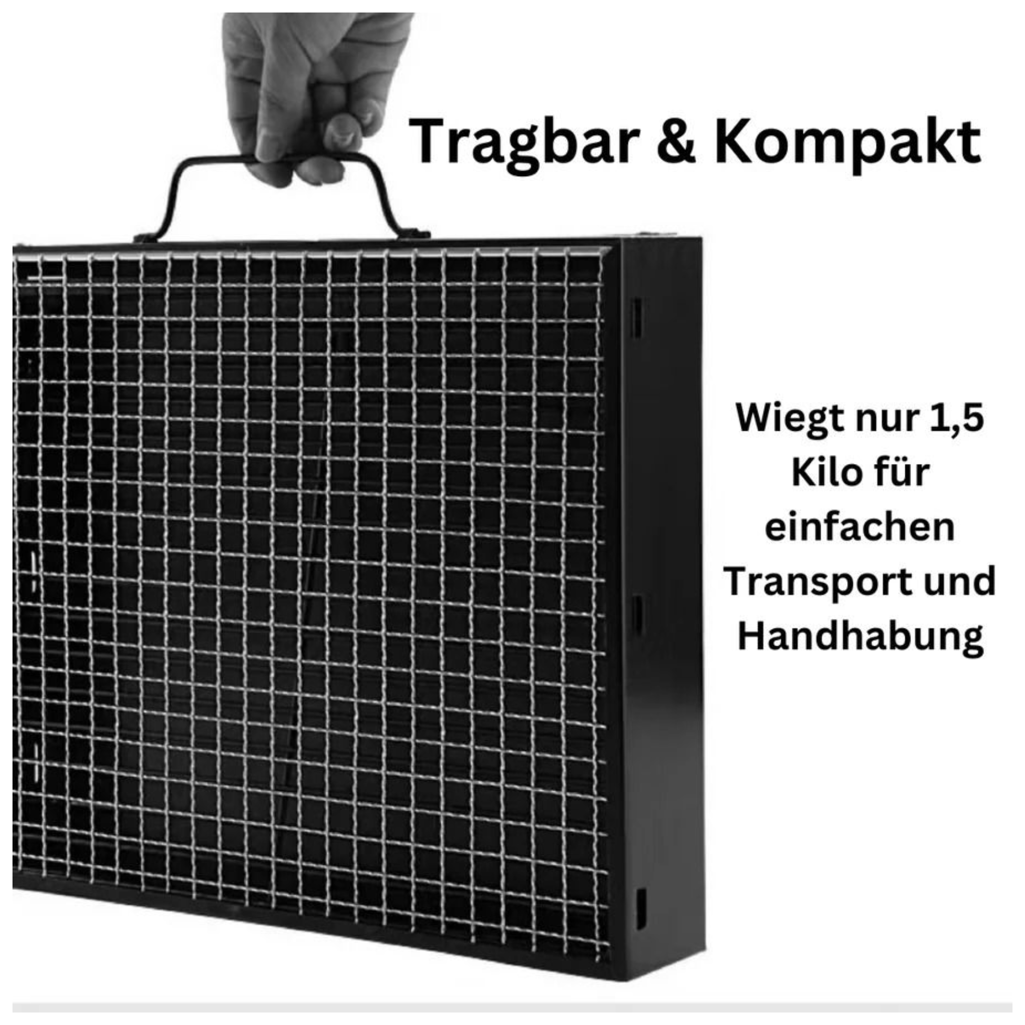 Schwarzer tragbarer Grill, gehalten von einer Hand. Text beschreibt Gewicht und Tragbarkeit.