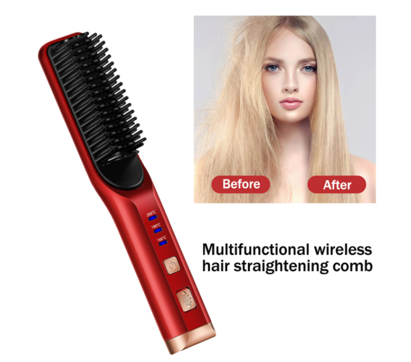 Roter Haarglätter mit Vorher-/Nachher-Haarbildern. Blondes Haar wird gezeigt.