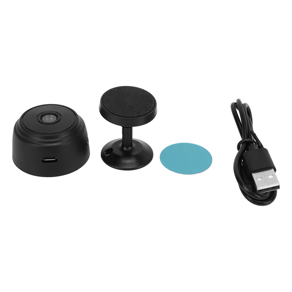 Schwarze Kamera, Halterung, blauer Kreis und USB-Kabel liegen auf weißer Oberfläche. Alles kleine Artikel.