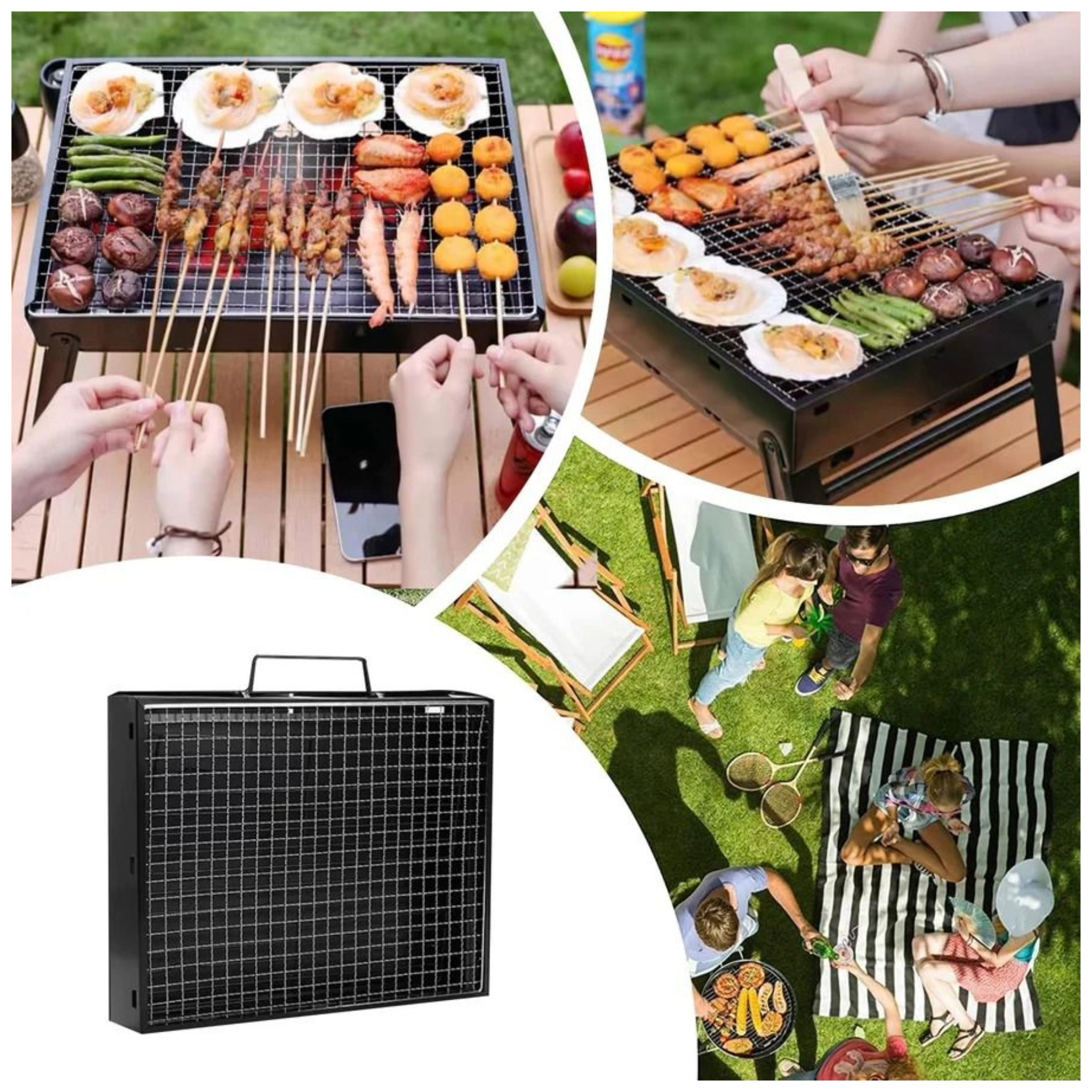 Grill-Aufbau mit verschiedenen Lebensmitteln, grillende Personen. Zusätzliches Bild eines Grills. Draufsicht.