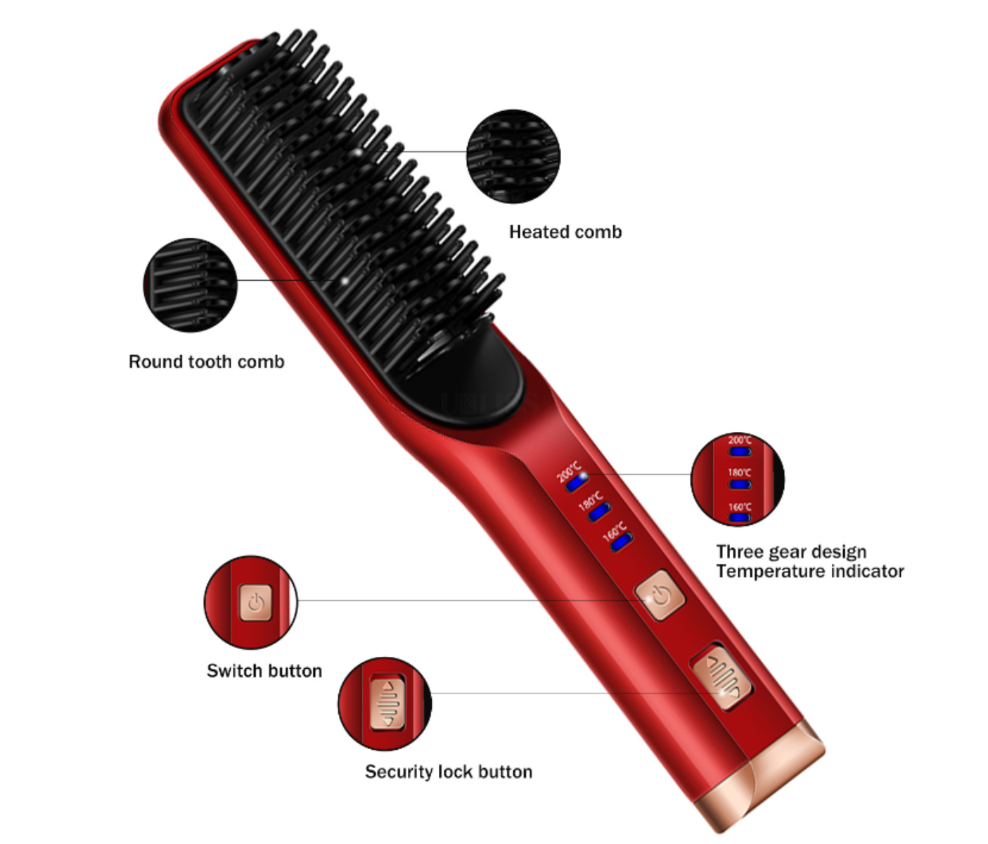 Roter Haarglätter mit rundem Zahnkamm, Schalter und Verriegelungstasten.