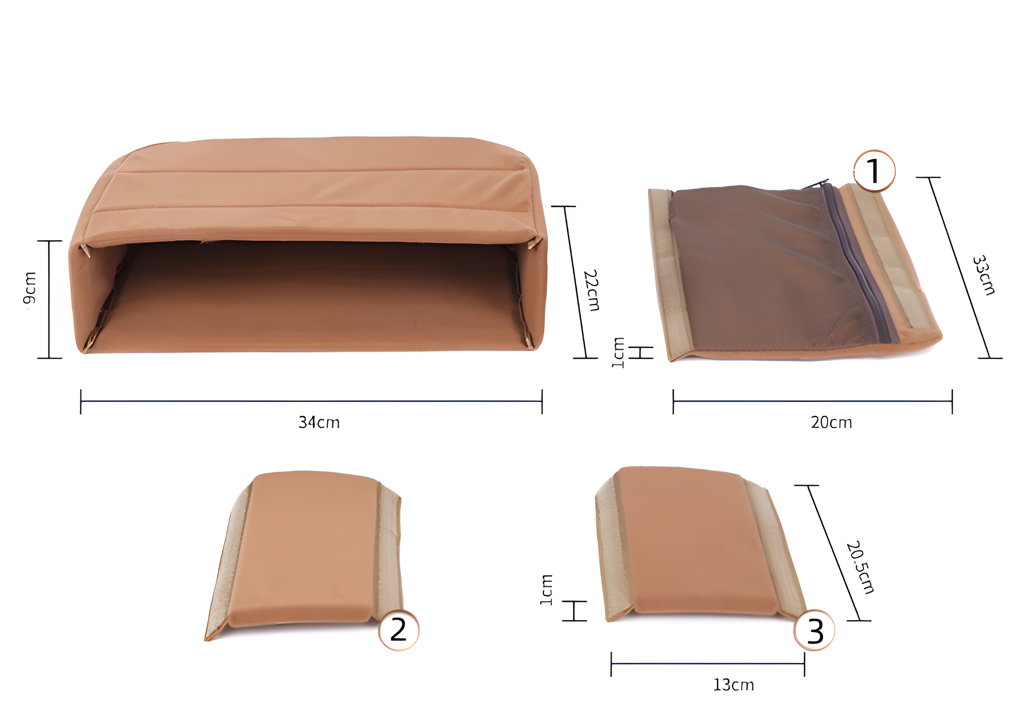 Beigefarbene Tasche und ihre Teile mit Abmessungen. Die Tasche hat einen Reißverschluss und ist geöffnet.