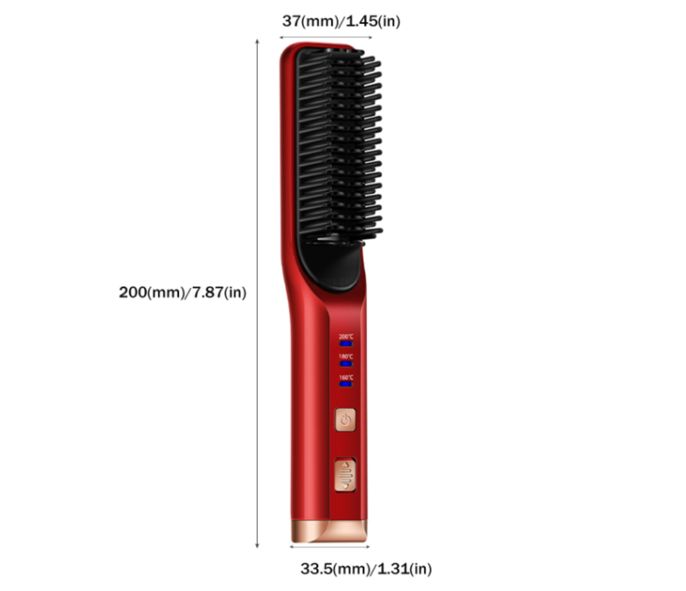 Roter Haarglättungskamm mit schwarzen Borsten. Zeigt Knöpfe und Temperatureinstellungen. Abmessungen in mm und Zoll werden angezeigt.
