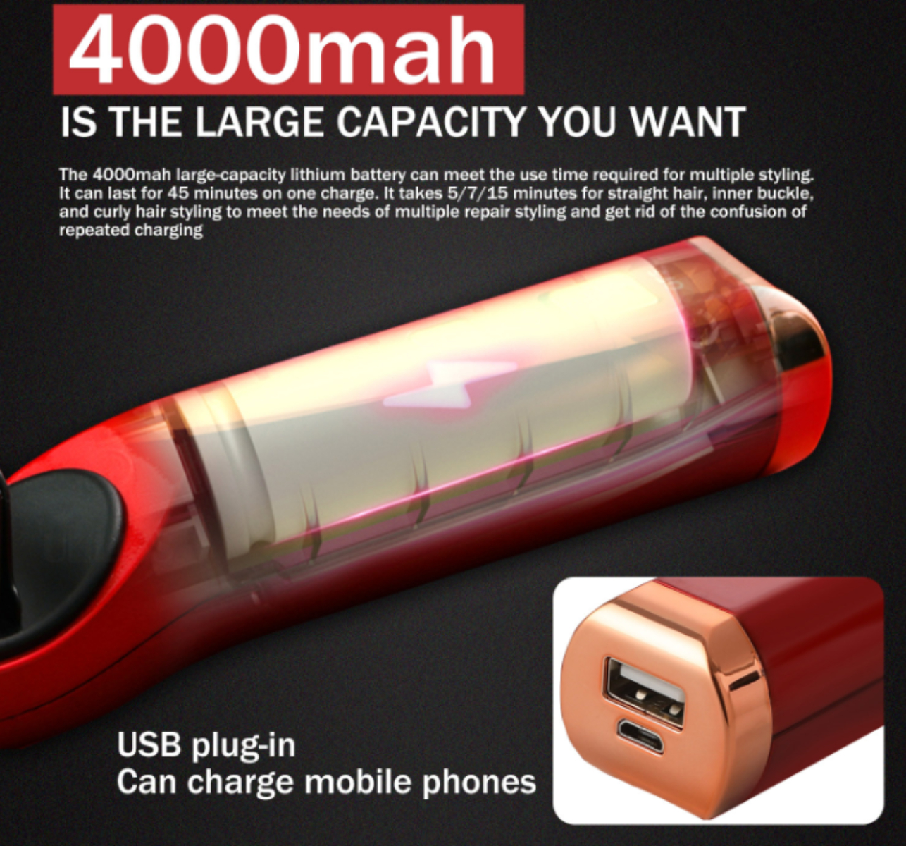 Ein rotes Haarstyling-Werkzeug mit USB-Anschluss und Text über Akkukapazität und Aufladen.