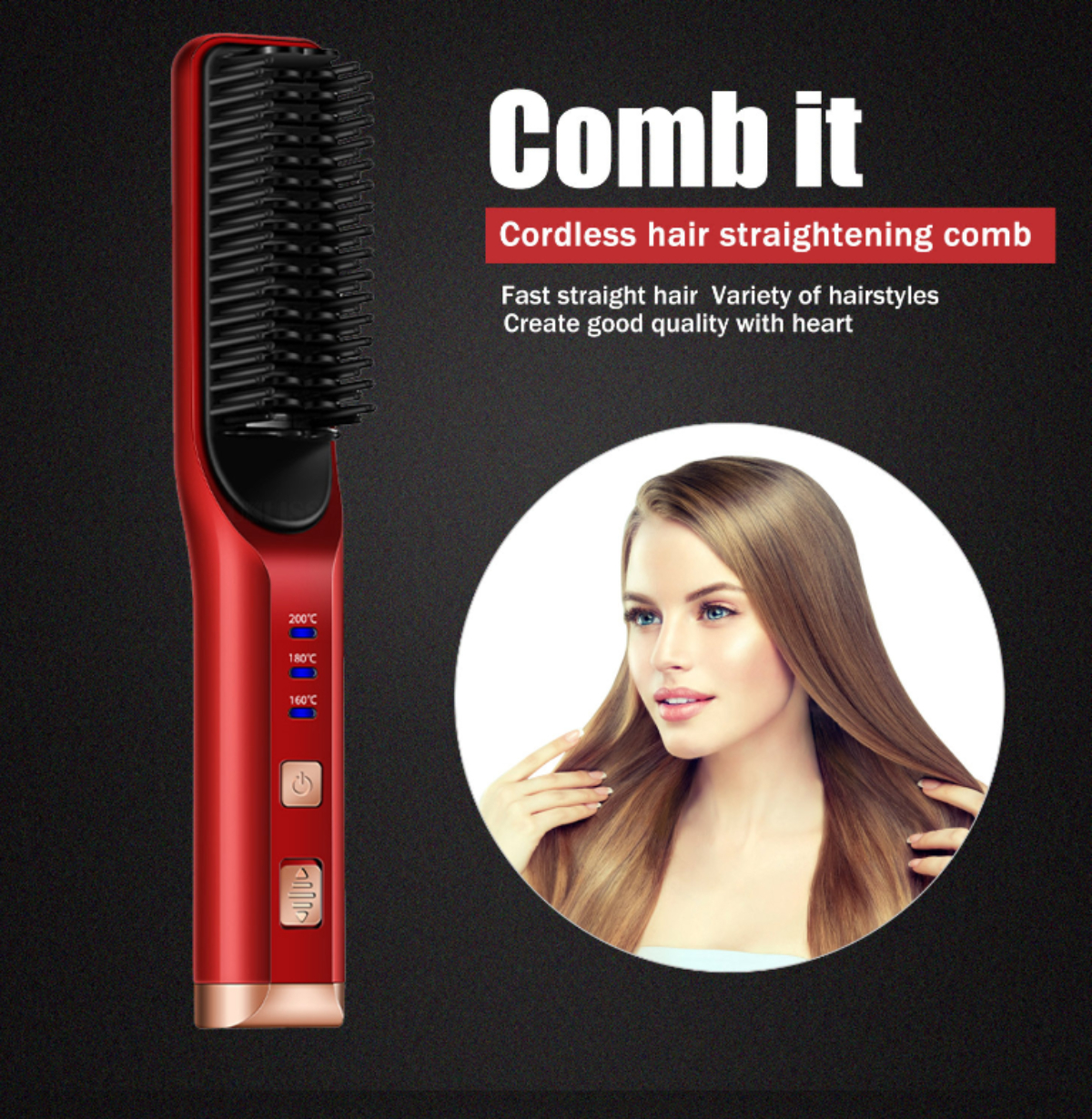 Roter Haarglätter-Kamm mit Text 'Comb it'. Eine Frau mit glattem Haar befindet sich in einem Kreis.