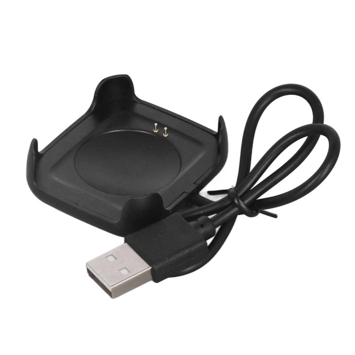 Eine schwarze Ladestation mit USB-Kabel. Zwei Metallkontaktpunkte sind sichtbar.