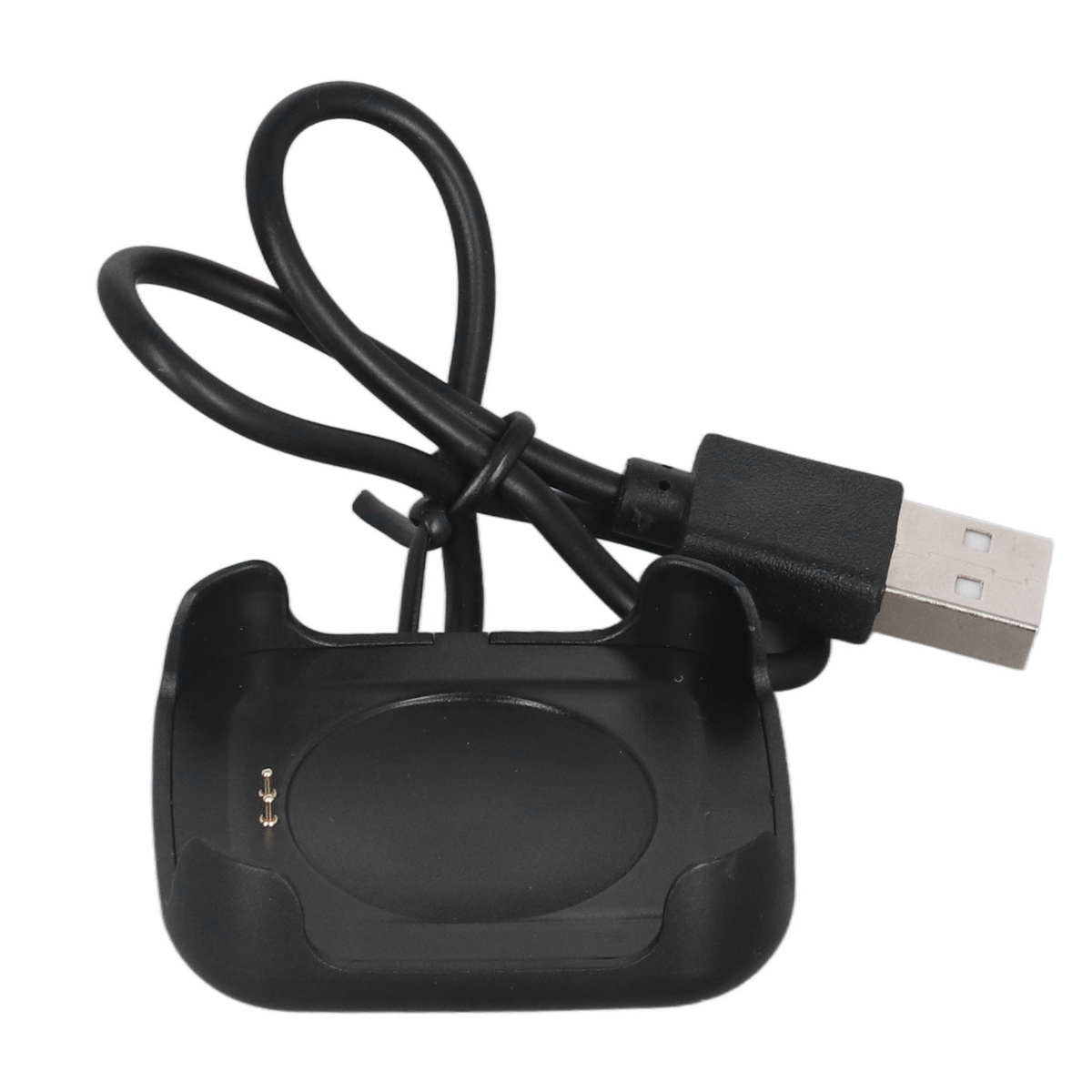 Schwarze Ladestation mit USB-Kabel. Weißer Hintergrund. Ein USB-Kabel ist an der Ladestation befestigt.
