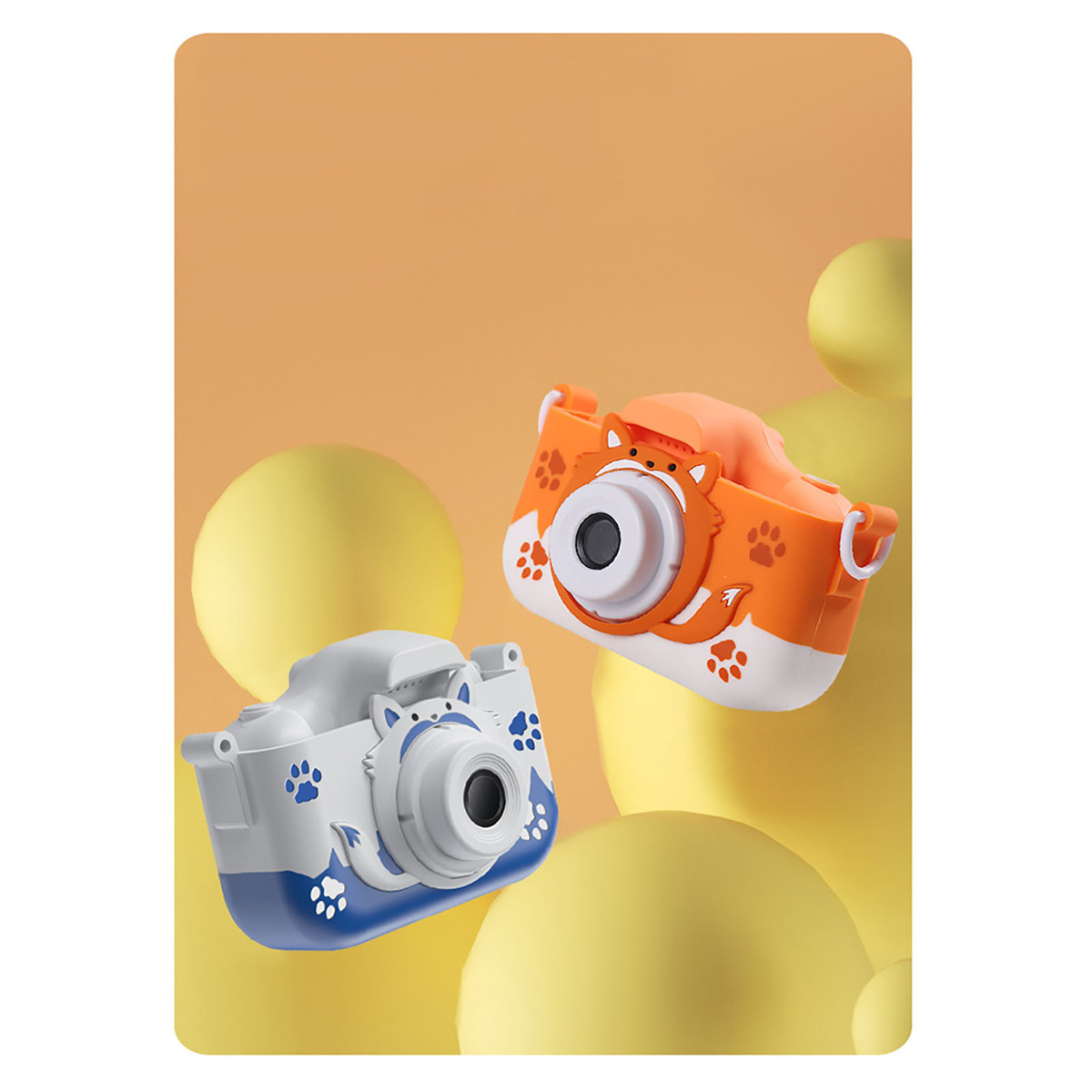 Zwei Spielzeugkameras, eine orange und eine blaue, mit Fuchs- und Wolfsgesichtern, auf gelbem Grund mit gelben Kugeln.