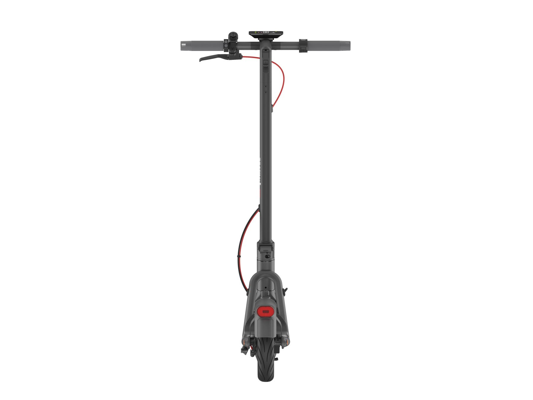 Grauer Elektroroller von vorne, mit rotem Kabel und Rücklicht.