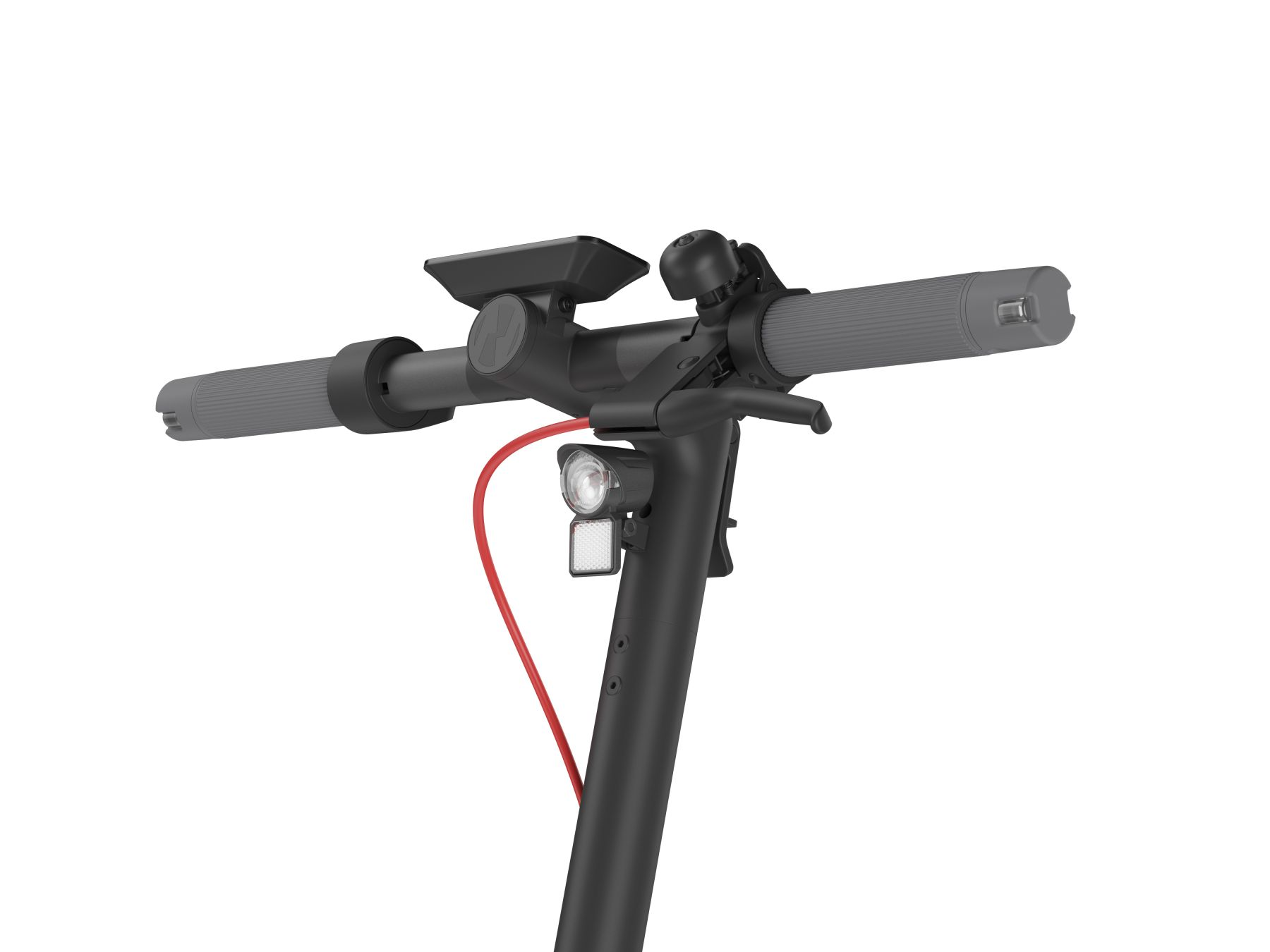 Rollerlenker mit Display, Klingel, Licht und rotem Kabel.