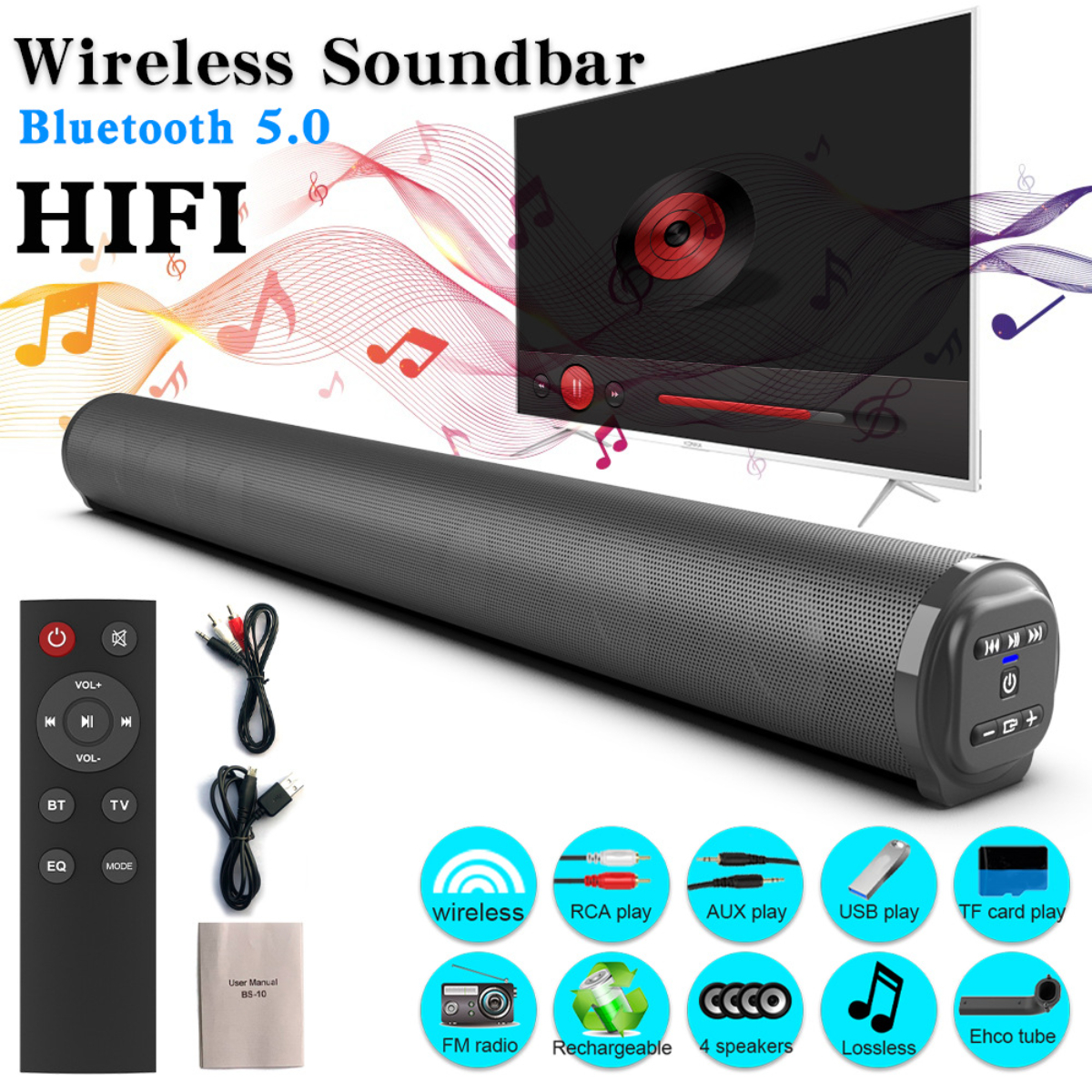 Kabellose Soundbar mit Fernbedienung, Kabeln und Handbuch. Bluetooth 5.0. Mehrere Wiedergabeoptionen.