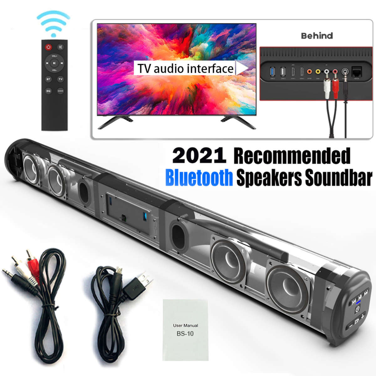 Soundbar, Fernseher, Fernbedienung und Kabel. TV hat bunte Anzeige. Soundbar hat Lautsprecher.