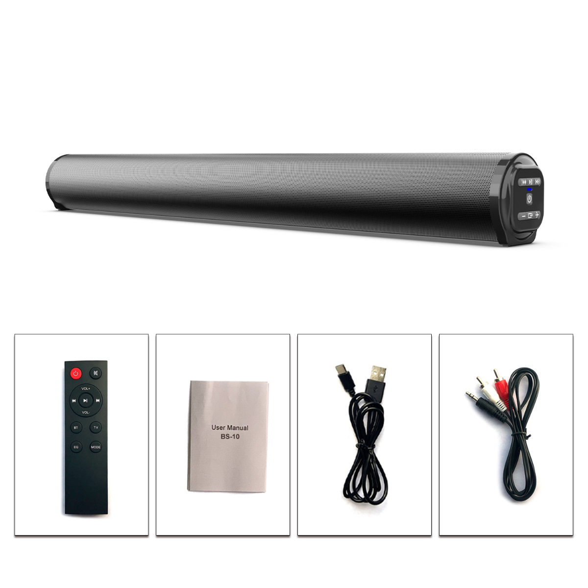 Eine schwarze Soundbar mit Fernbedienung, Handbuch, USB-Kabel und Audiokabeln auf weißem Hintergrund.