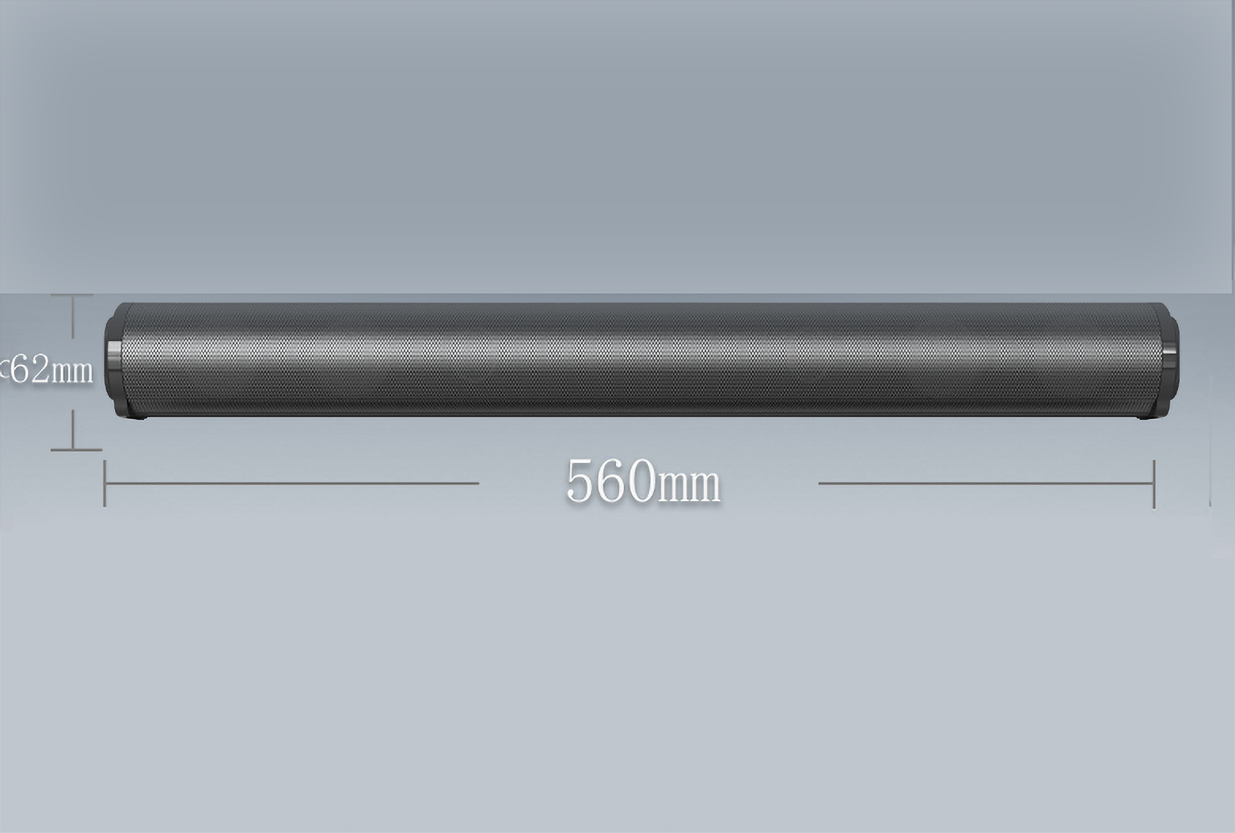 Eine lange, dunkelgraue Soundbar mit Maßangaben. Die Länge beträgt 560 mm, die Höhe <lt/>62 mm.