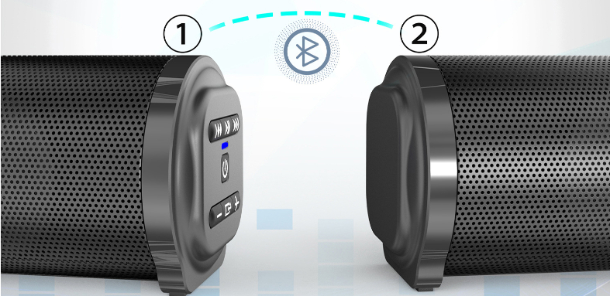 Schwarze zylindrische Lautsprecher mit Bedienfeldern. Bluetooth-Symbol dazwischen.