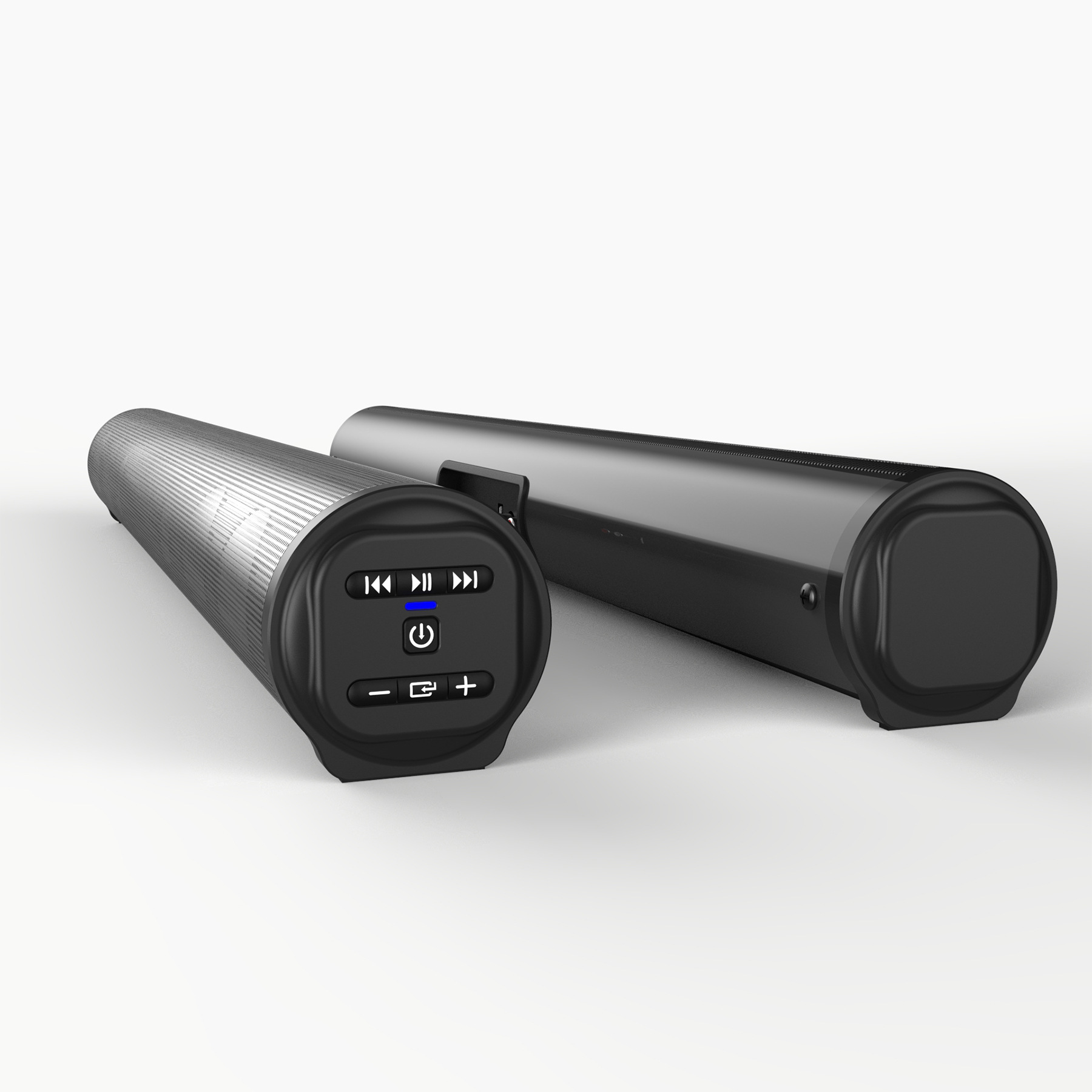 Zwei schwarze Soundbars, eine mit Bedienelementen an der Seite. Der Hintergrund ist weiß.