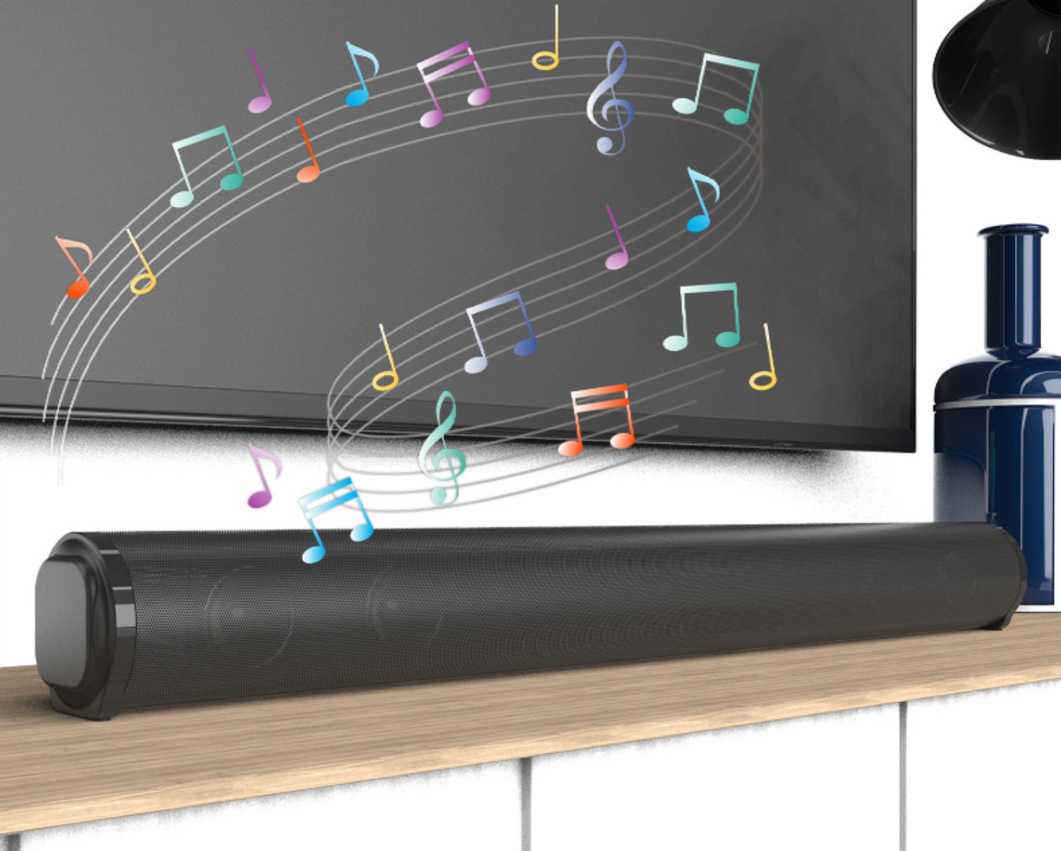 Schwarze Soundbar auf Holzregal, bunte Noten in der Luft, TV-Hintergrund.