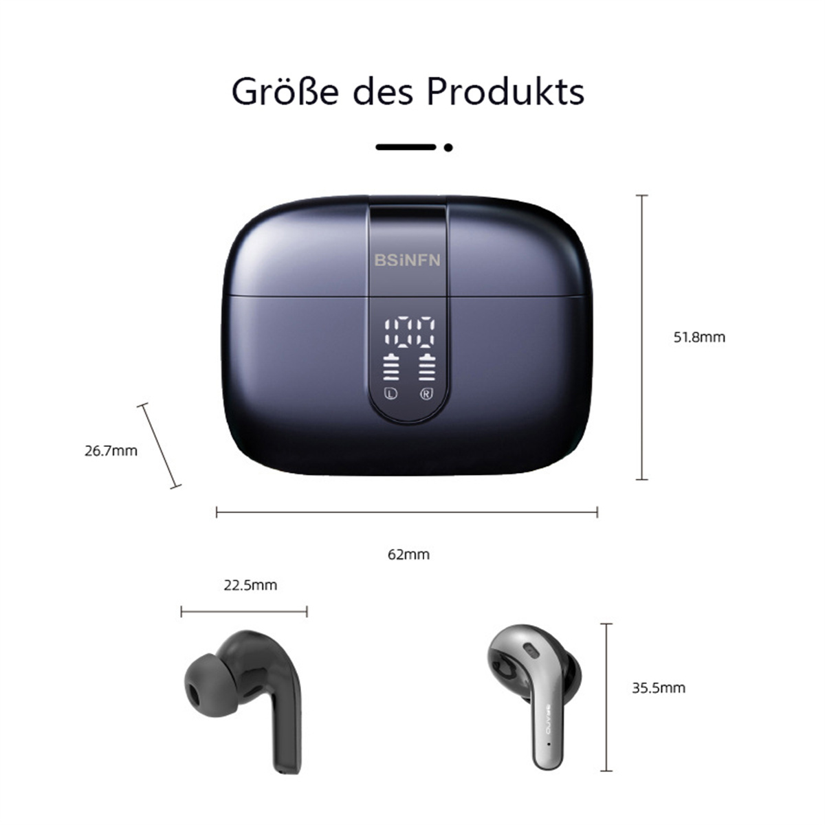 Schwarze Ohrhörer mit Ladecase, Abmessungen und Produktdetails werden gezeigt.