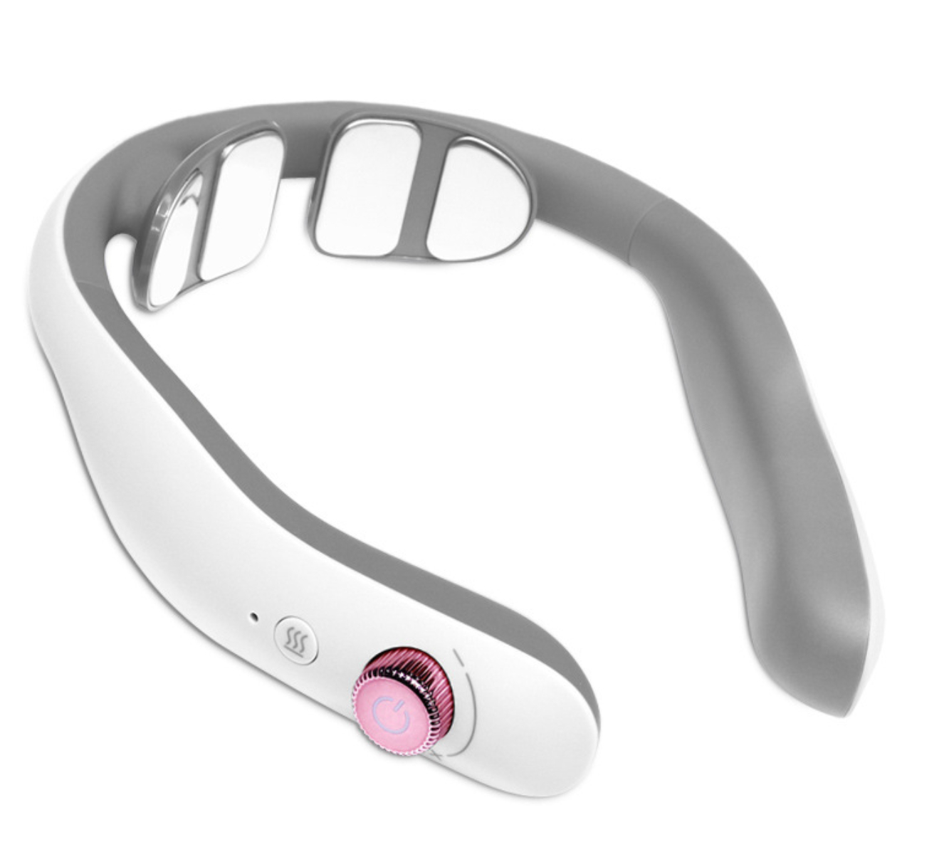 Weiß-graues Nackenmassagegerät mit rosa Knopf. Weißer Hintergrund.