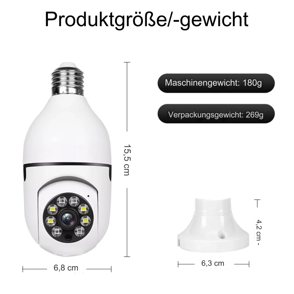 Eine glühbirnenförmige Kamera mit Abmessungen und Verpackungsdetails. Weiß mit schwarzen Akzenten.