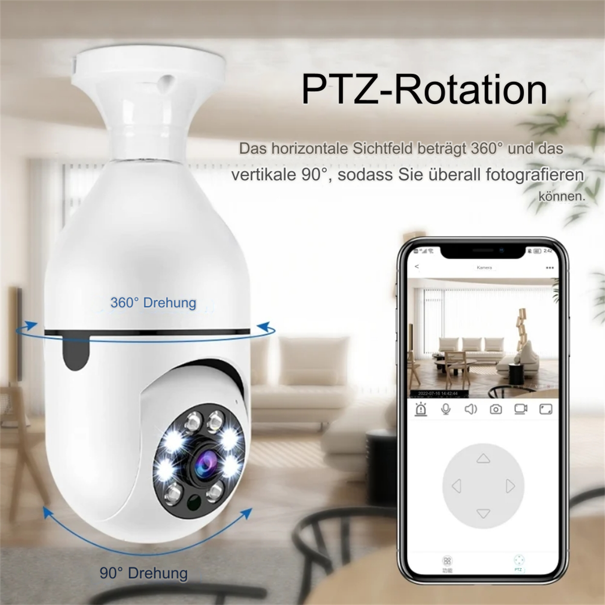 Weiße Überwachungskamera. Zeigt Live-Feed auf Smartphone-Bildschirm, mit 360-Grad-Ansicht.