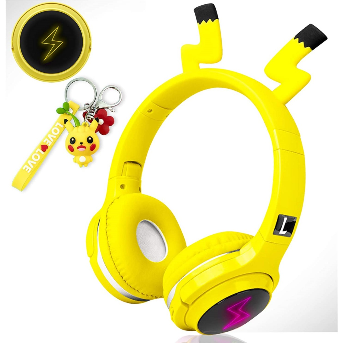 Gelbe Pikachu-Kopfhörer mit Blitzdesign. Inklusive kabellosem Ladegerät und Schlüsselanhänger.